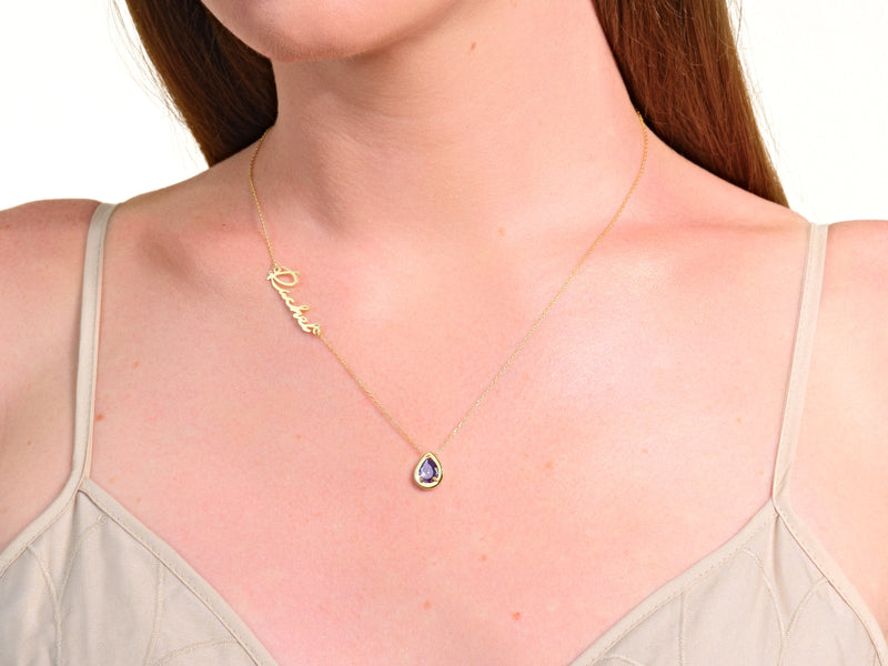 Pear Sapphire Name Necklace in 14K Solid Gold