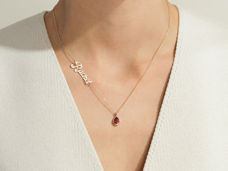 Pear Peridot Name Necklace in 14K Solid Gold