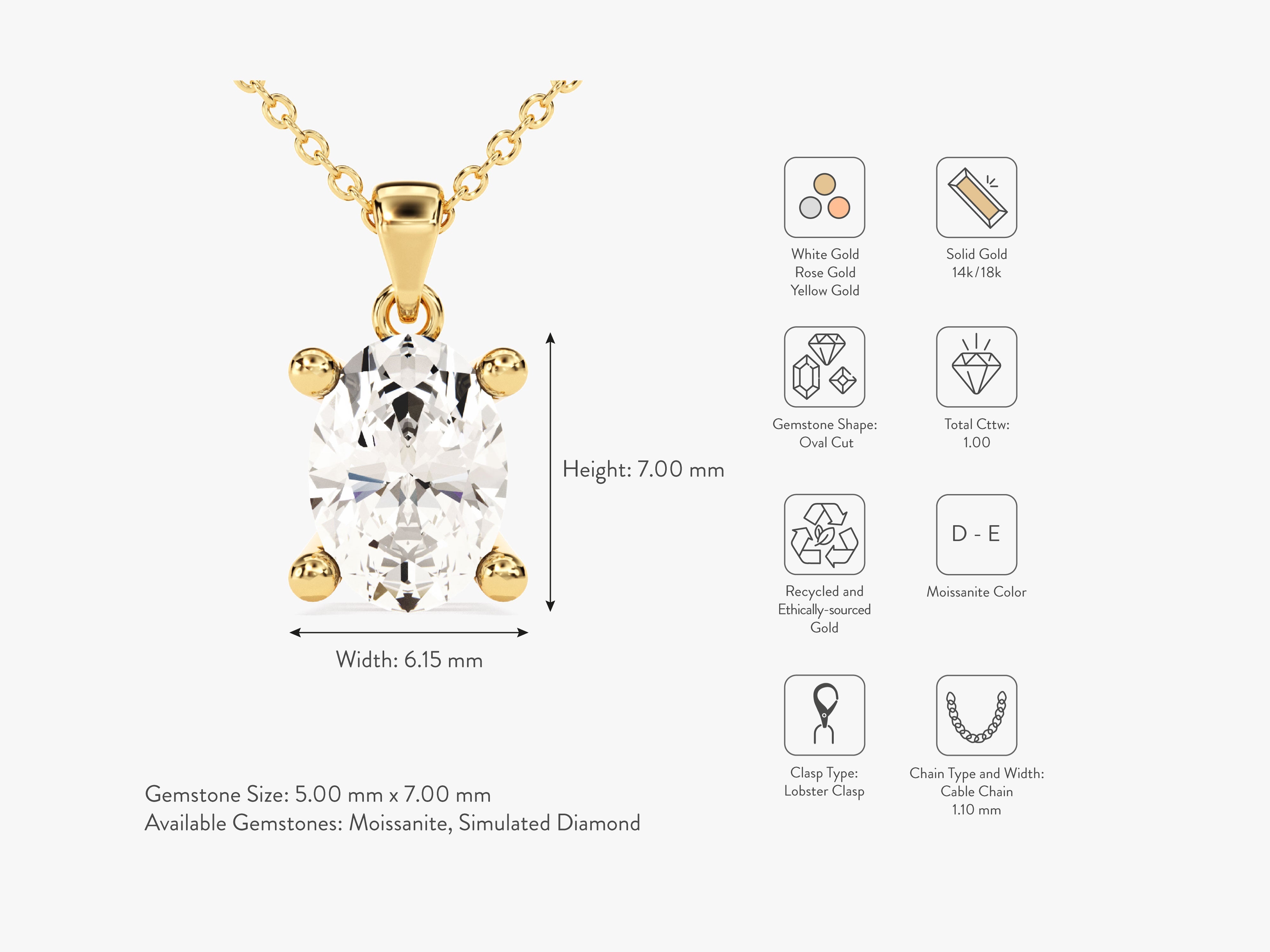 Oval moissanite pendant necklace in solid gold