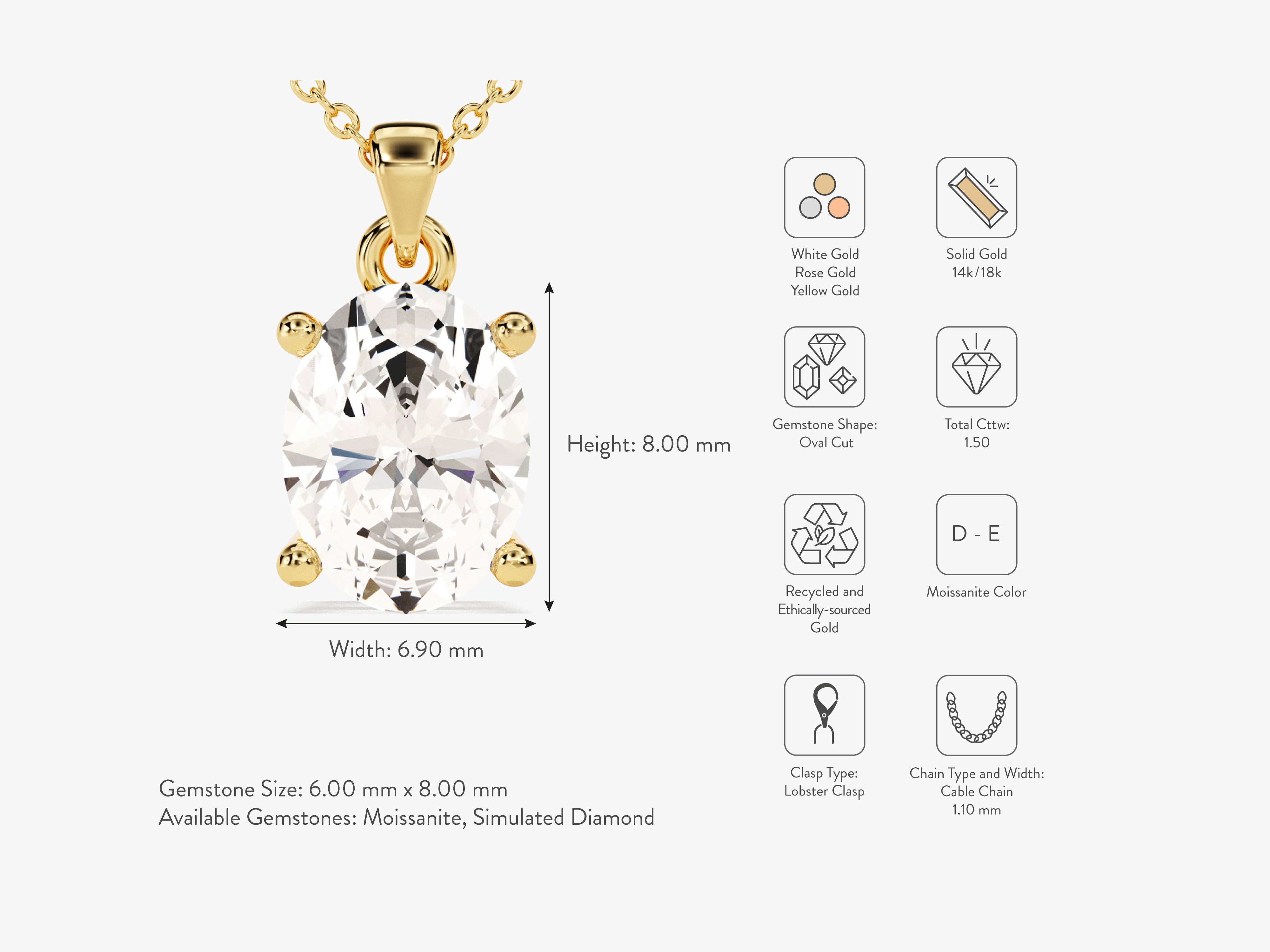 Gold oval moissanite pendant necklace, 1.50 cttw, 14k/18k solid gold