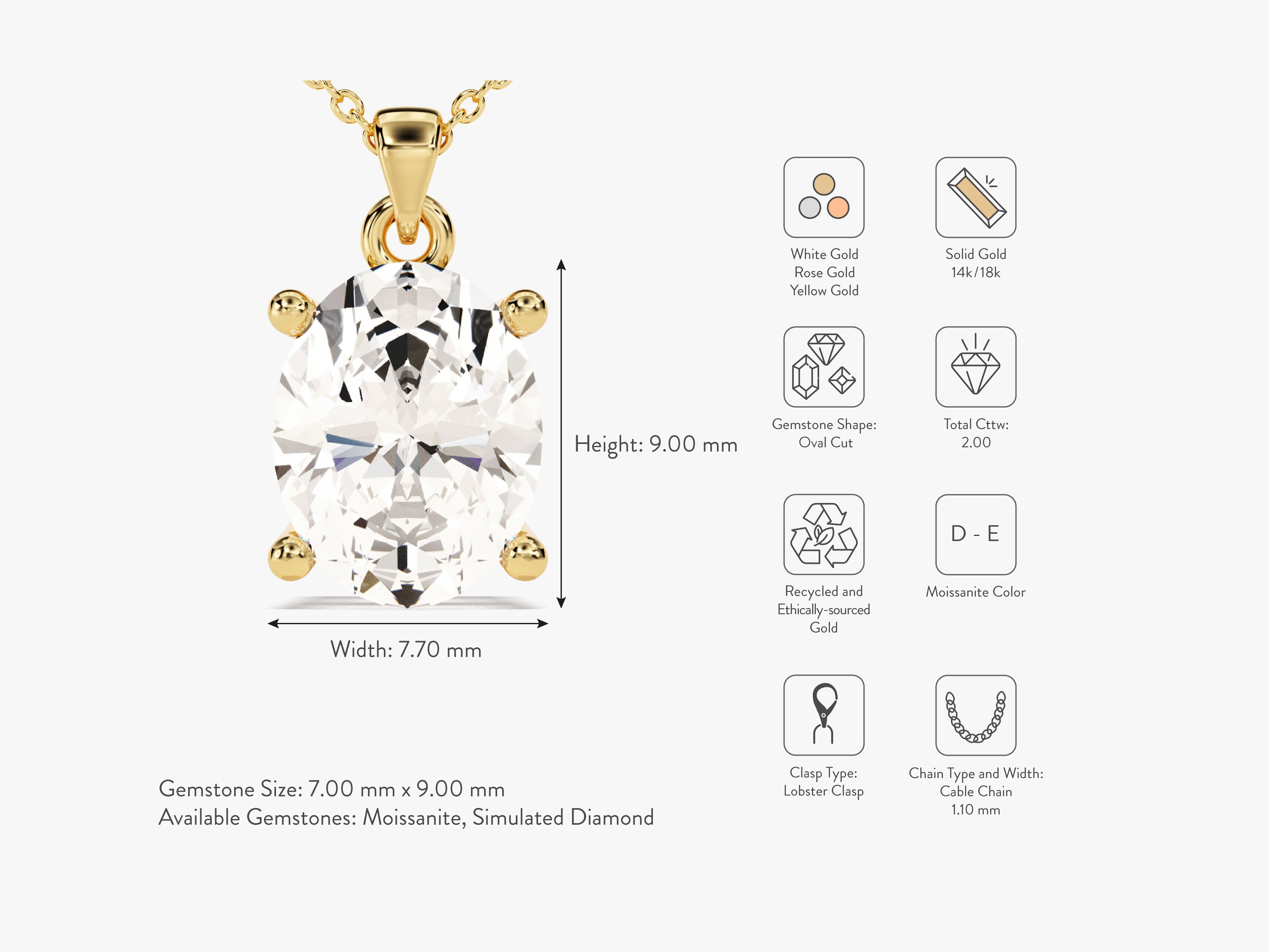 Oval moissanite pendant necklace in solid gold