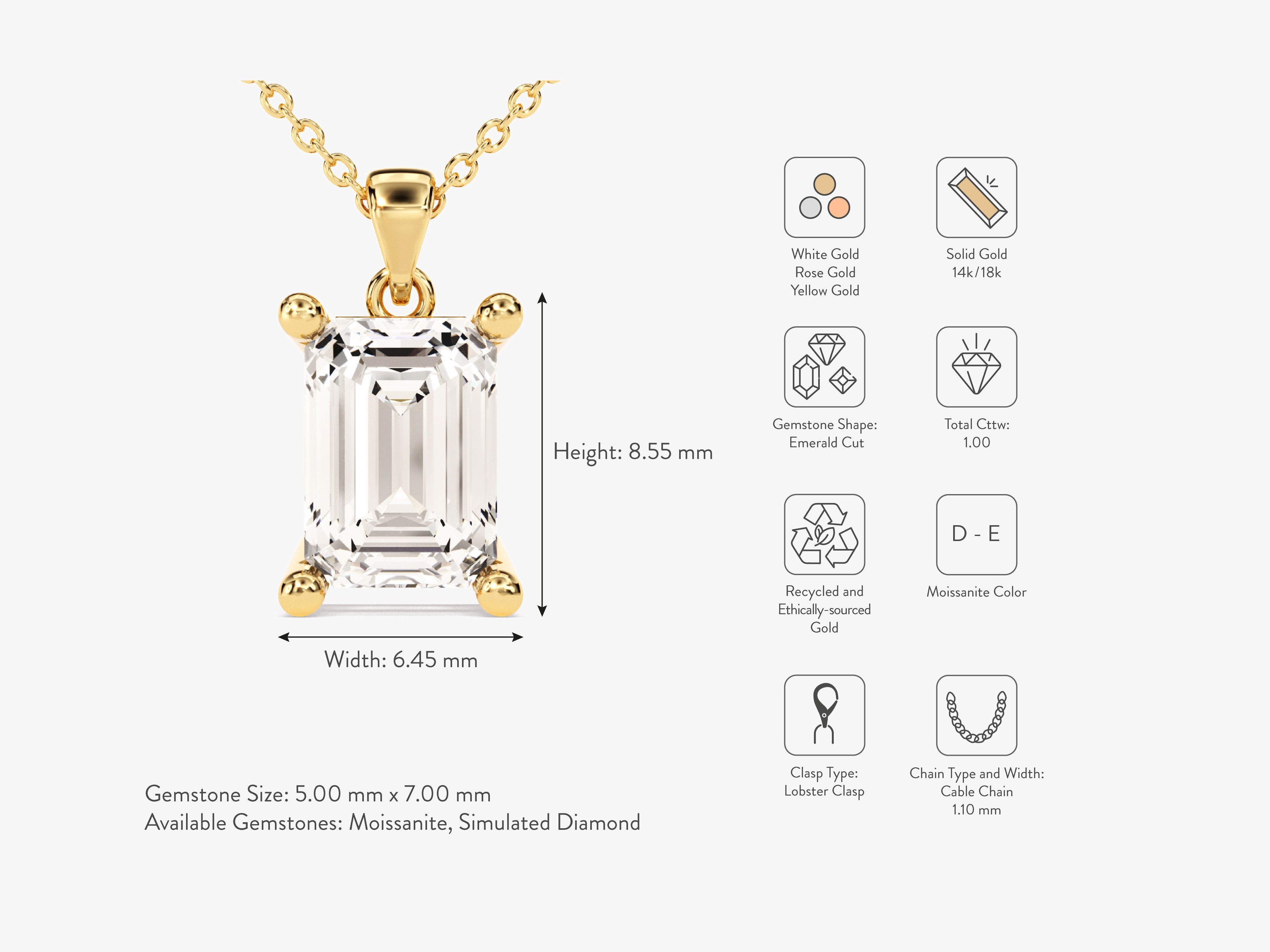 Emerald cut moissanite pendant necklace in solid gold
