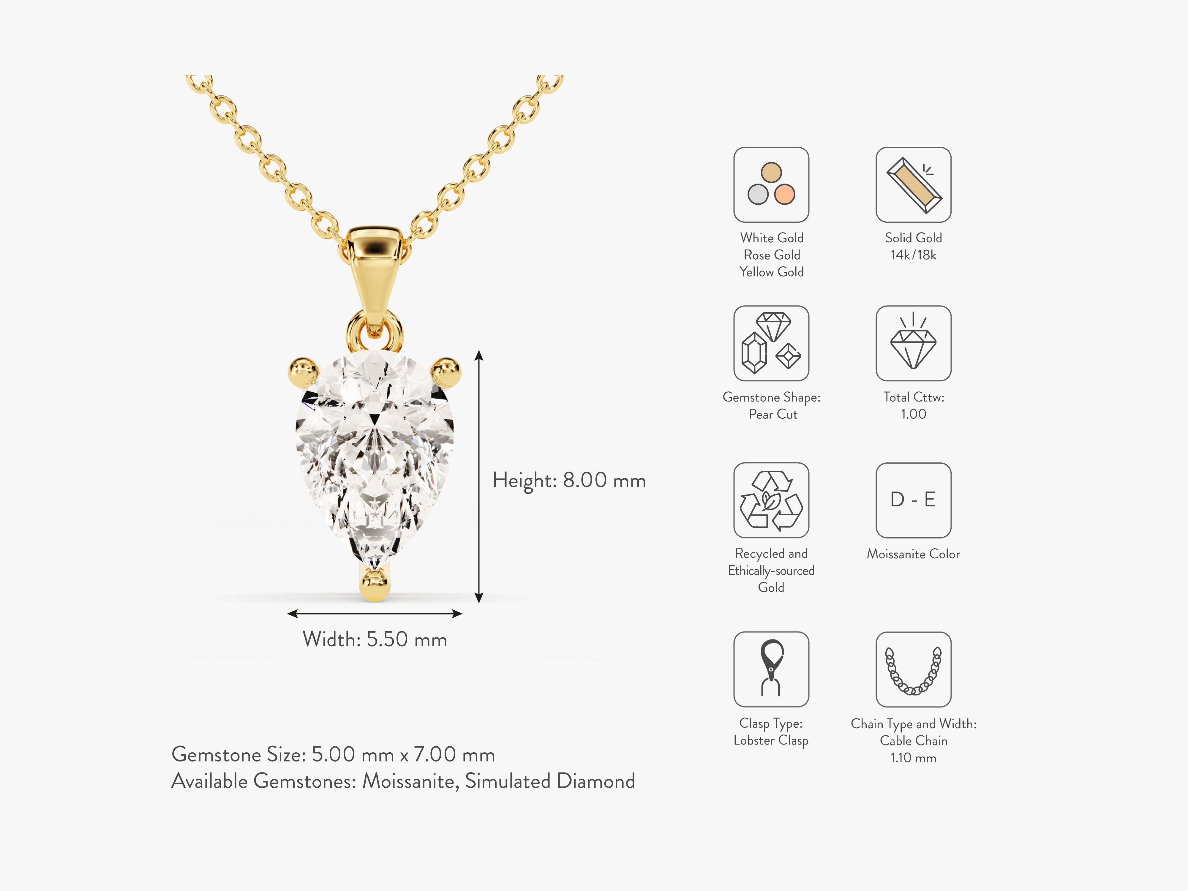 Pear cut moissanite necklace in solid gold, ethically sourced
