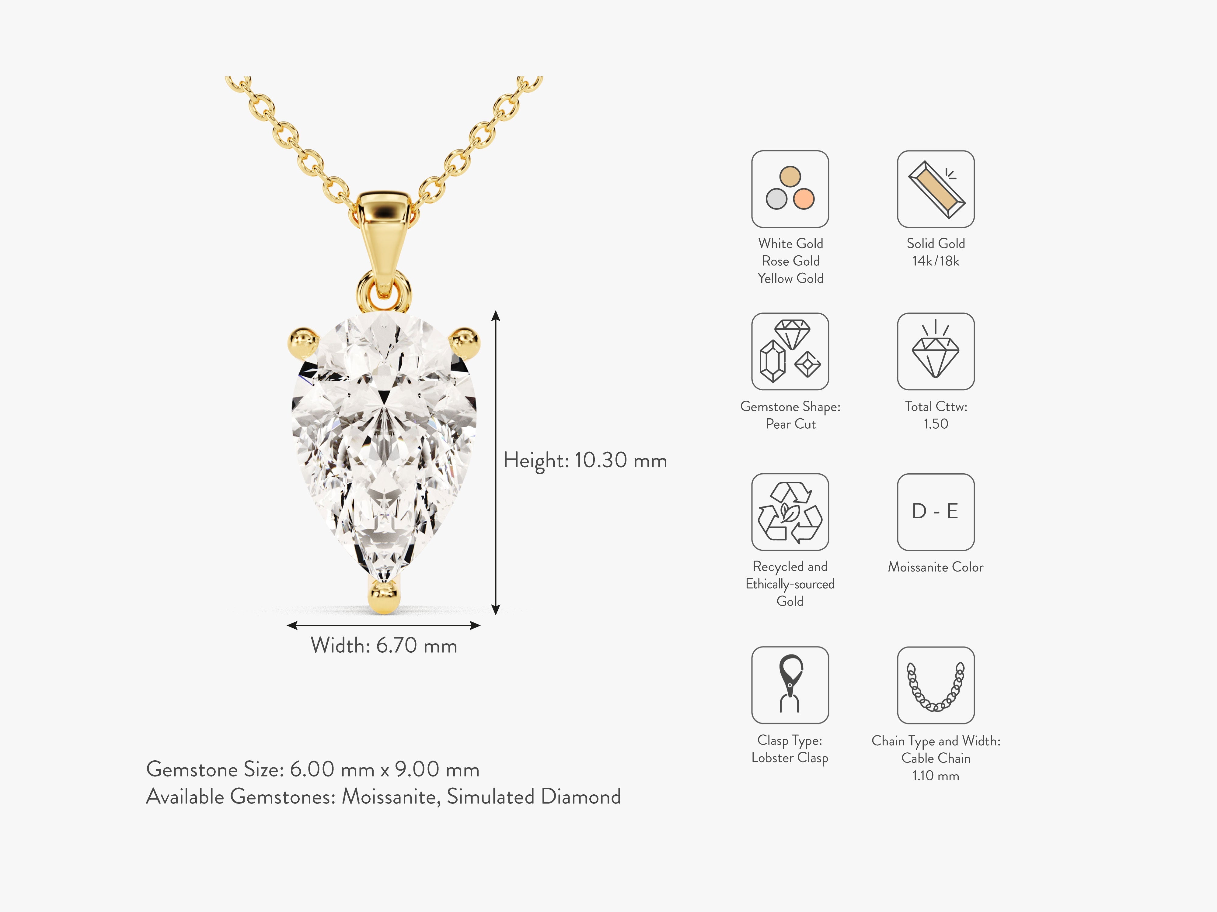 Pear cut moissanite pendant necklace in solid gold
