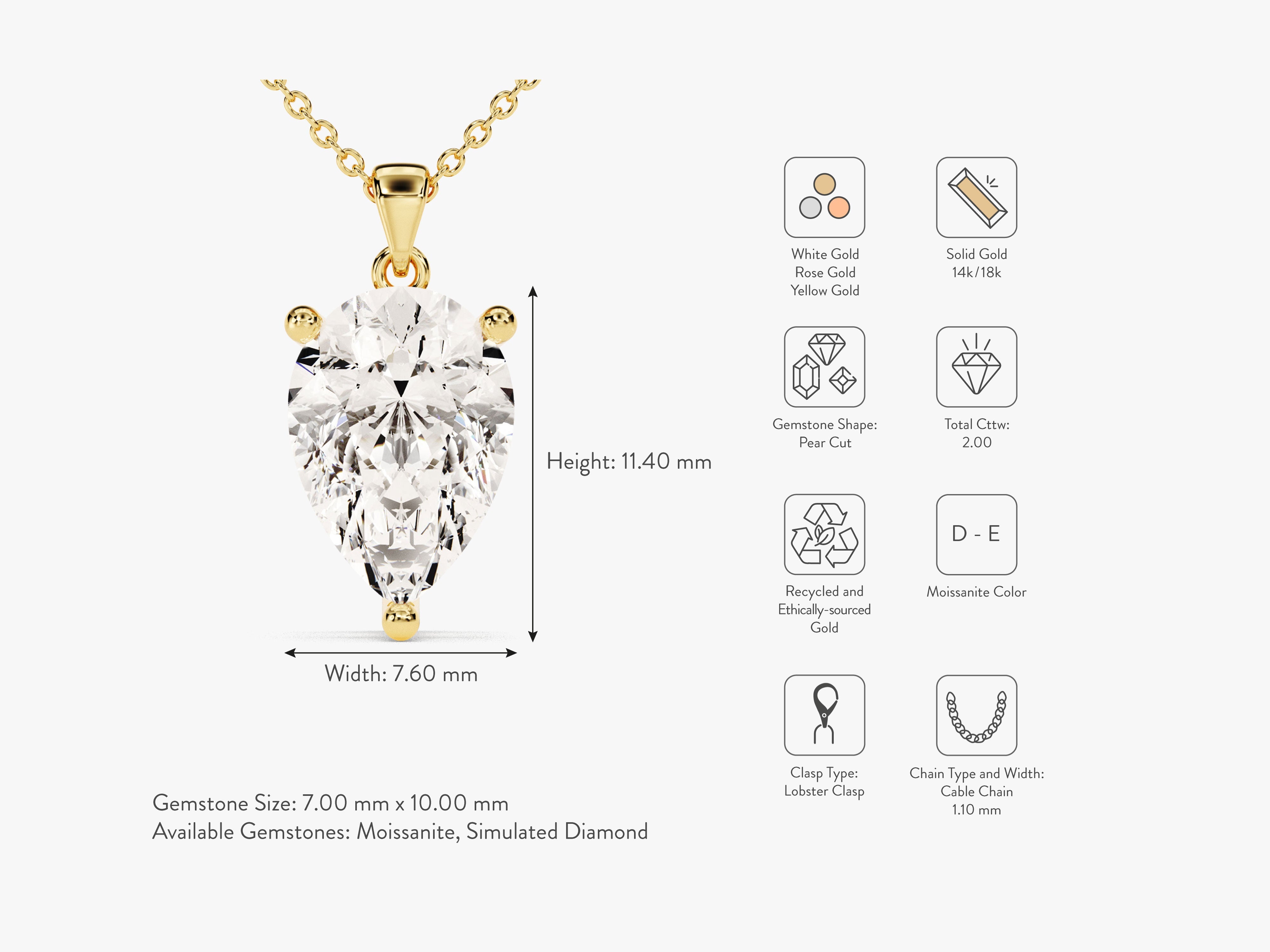 Pear cut moissanite pendant necklace in solid gold