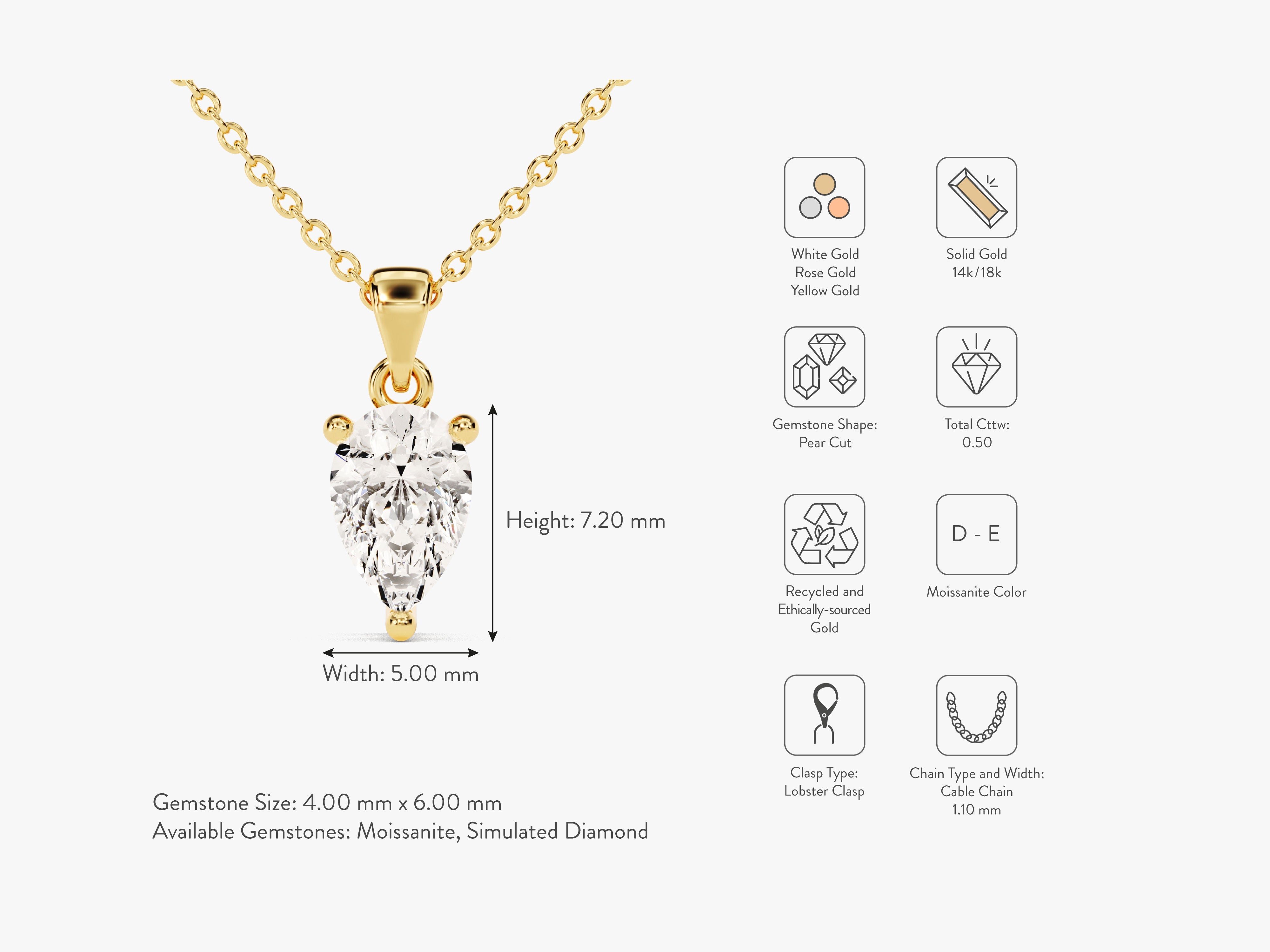 Gold pear cut moissanite pendant necklace, ethically sourced jewelry