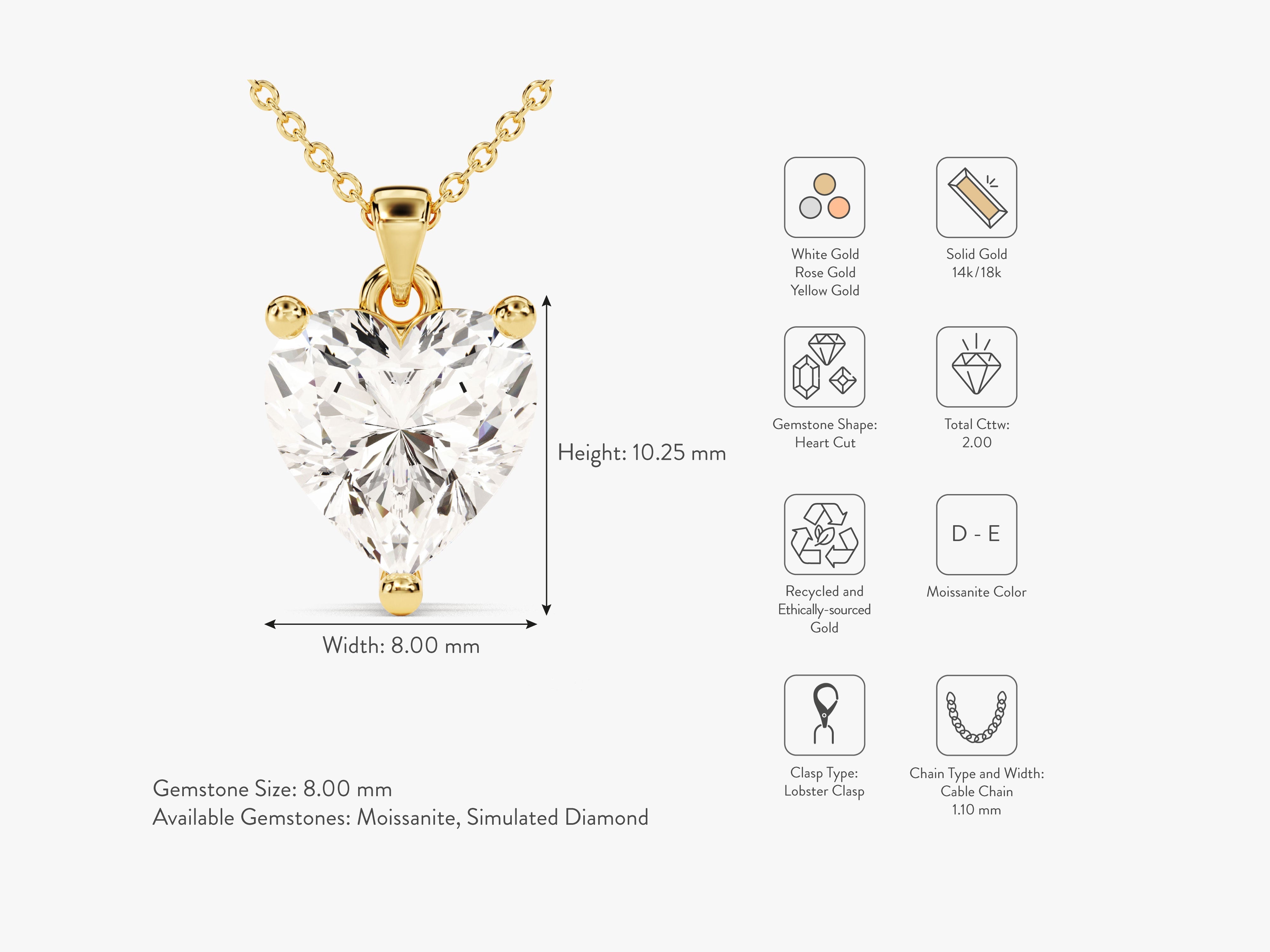 Heart cut moissanite pendant necklace, 14k/18k solid gold