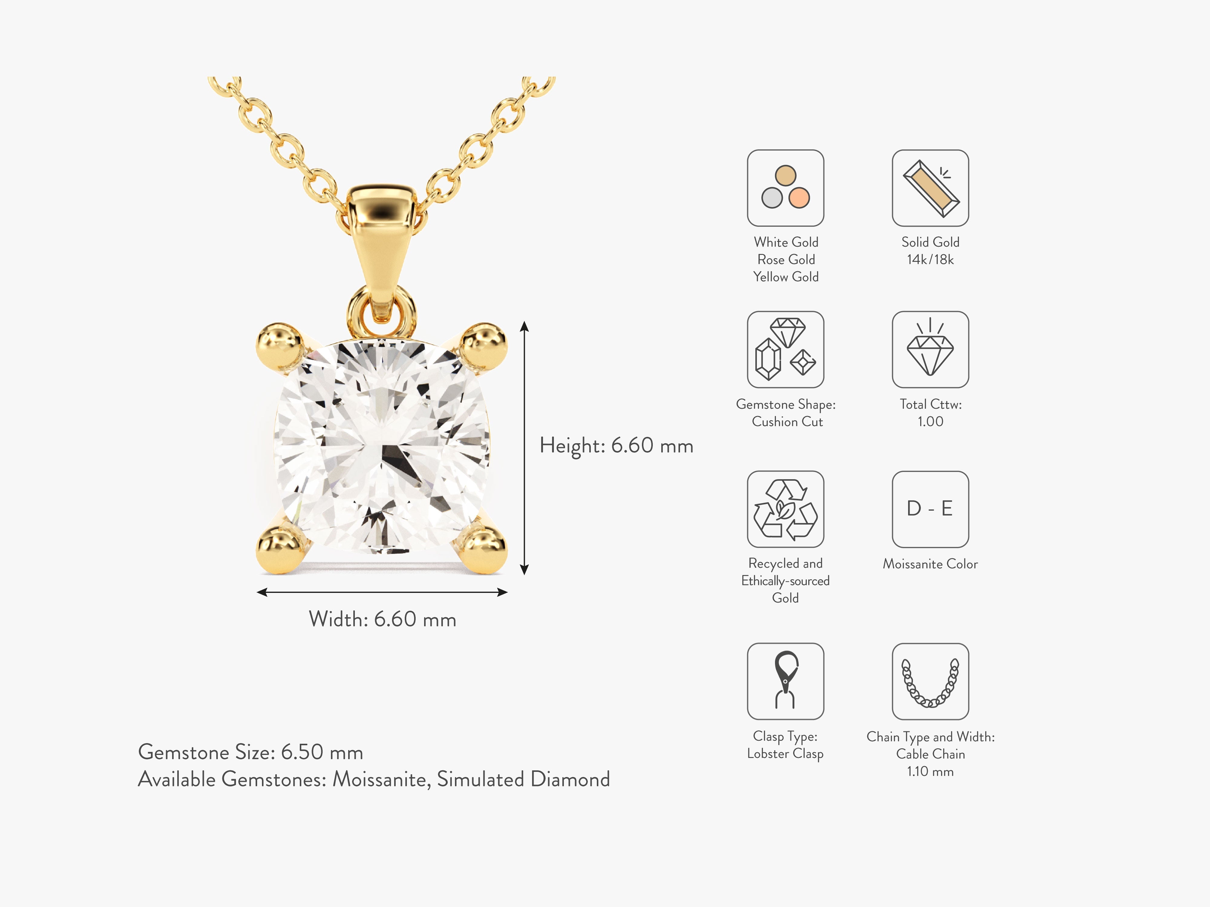 Gold necklace with cushion-cut moissanite diamond pendant