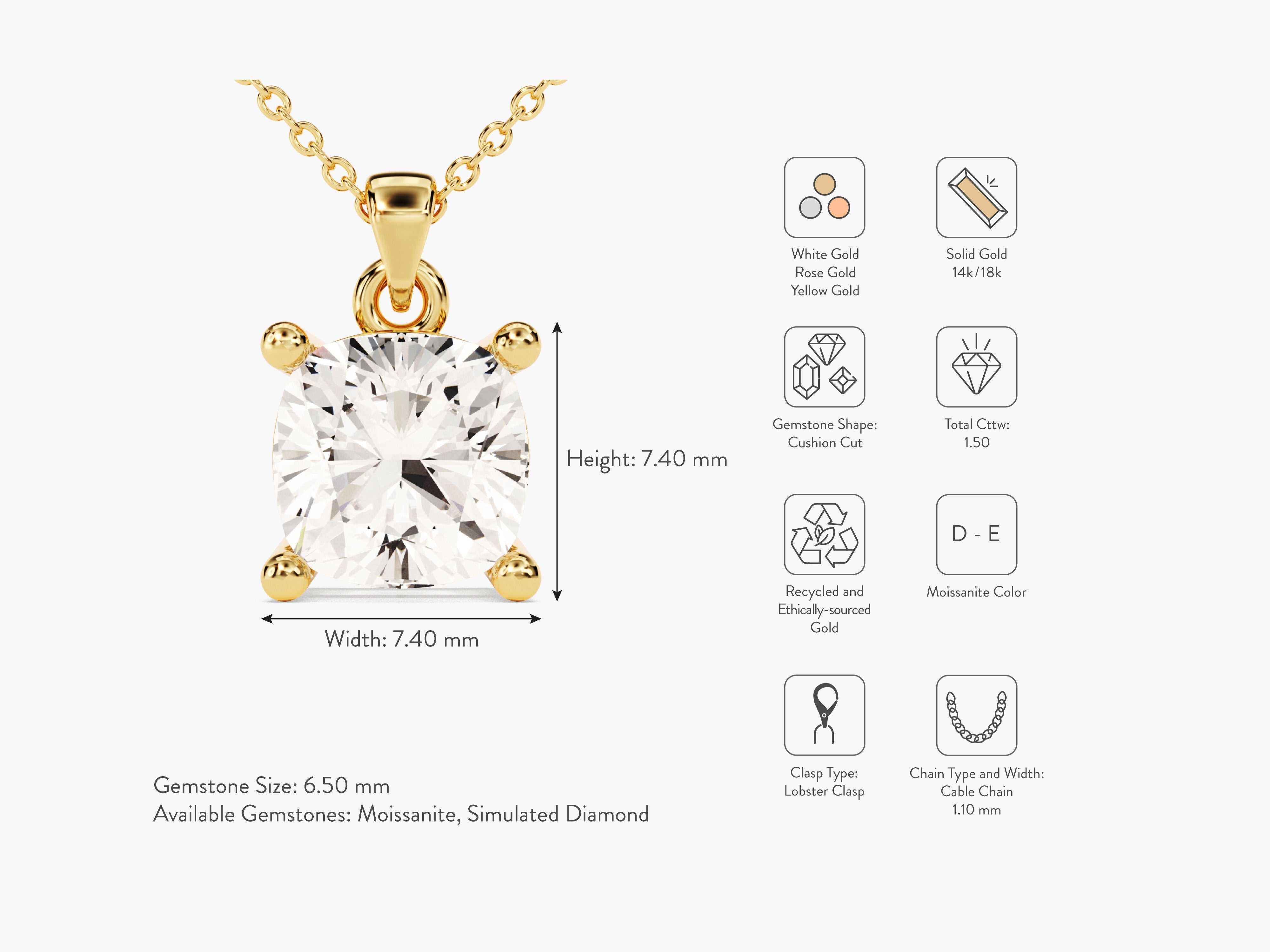 Gold necklace with cushion cut moissanite gemstone