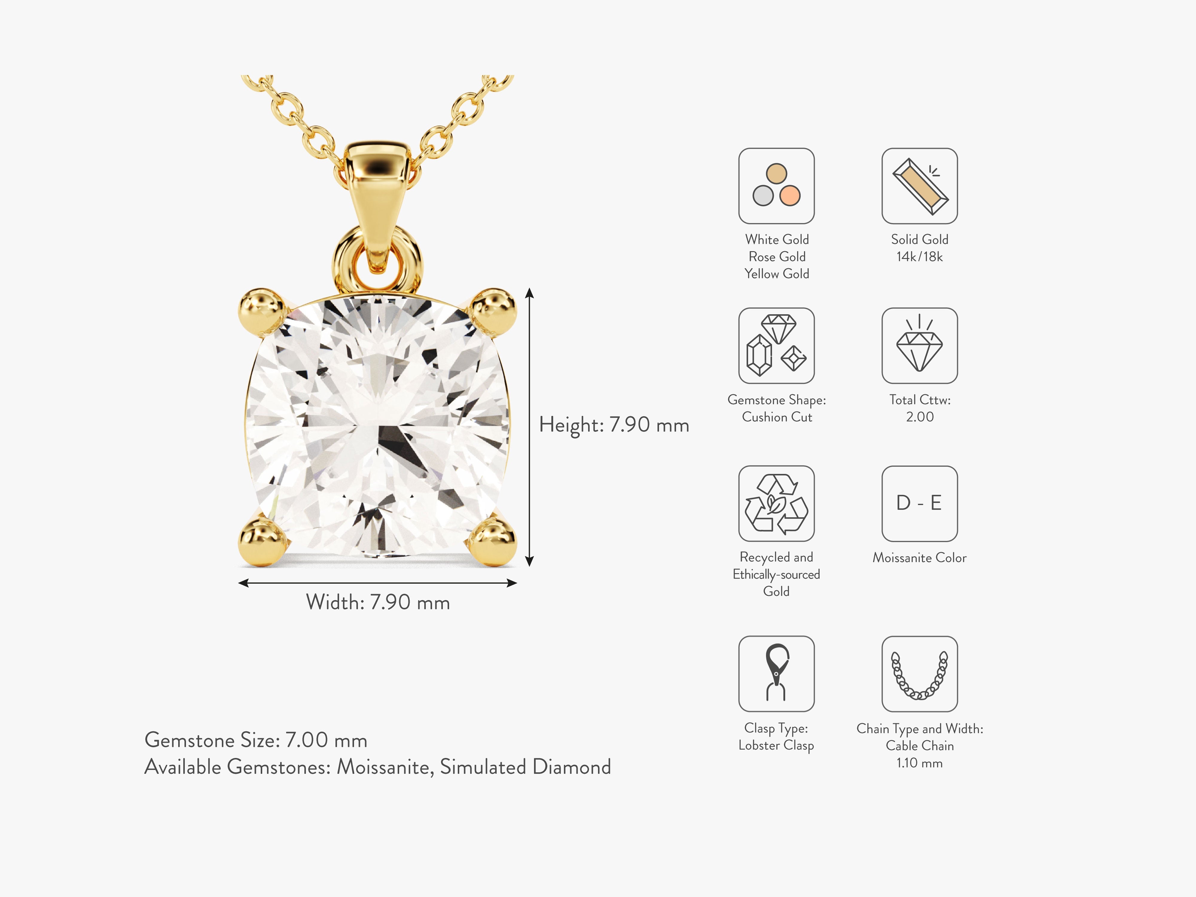 Gold necklace with cushion cut moissanite gemstone