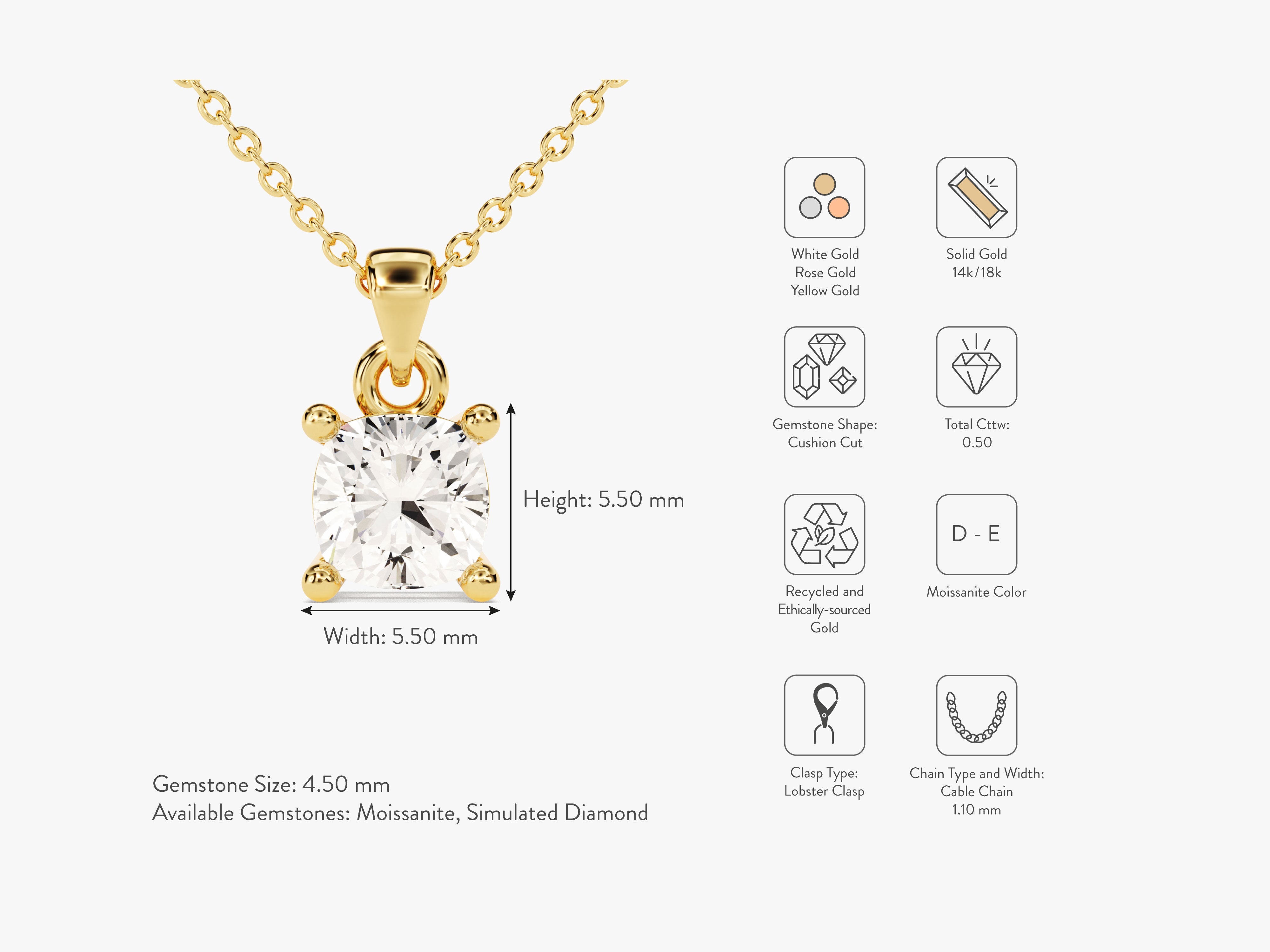 Gold necklace with cushion cut moissanite, available in multiple gold types