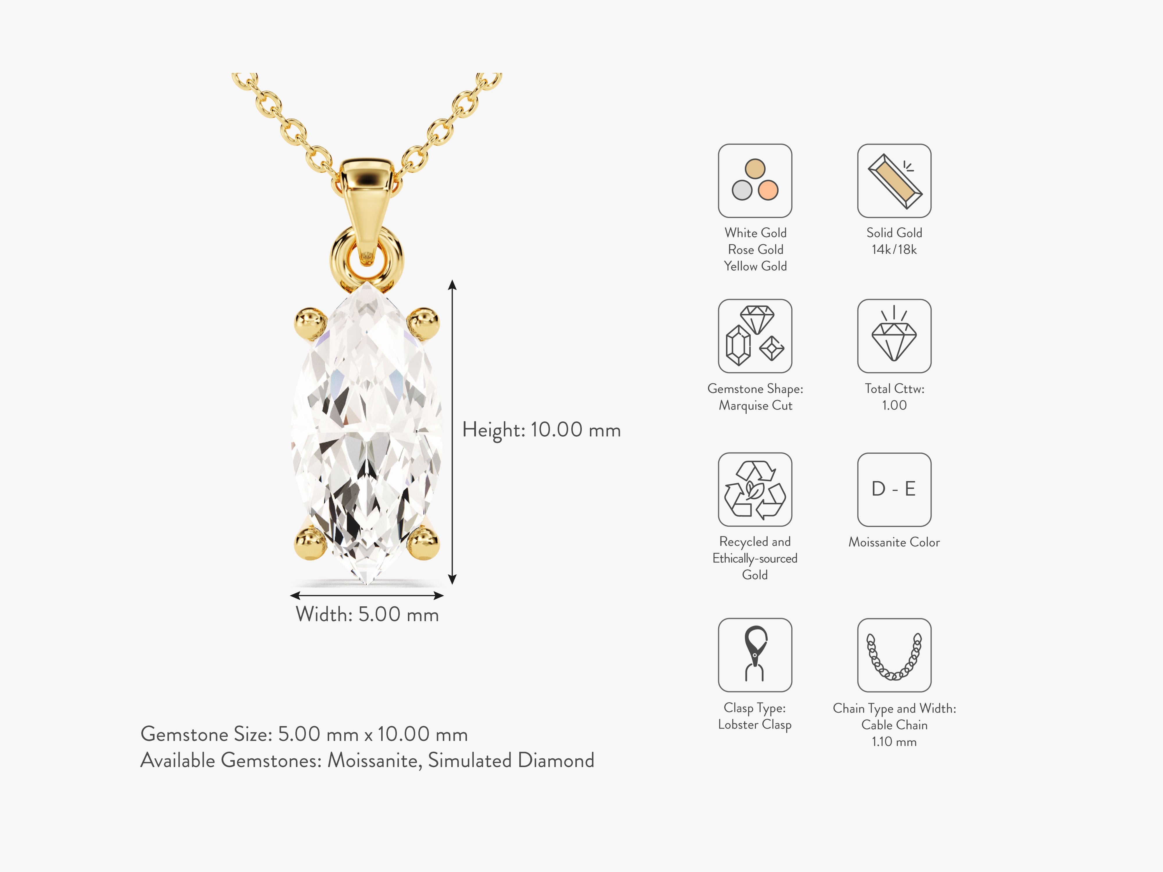 Marquise cut moissanite pendant necklace in solid gold