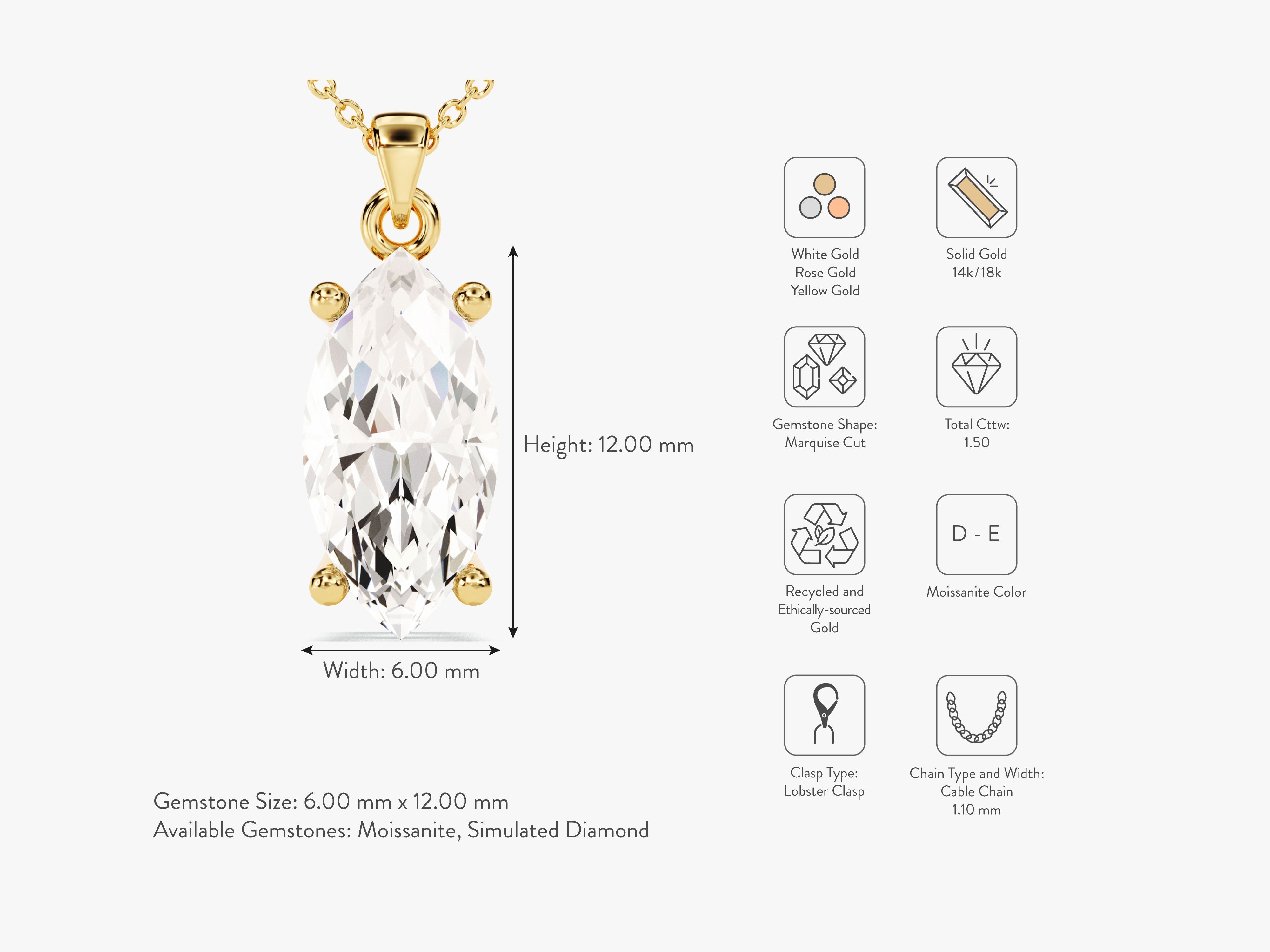 Marquise cut moissanite pendant necklace in solid gold