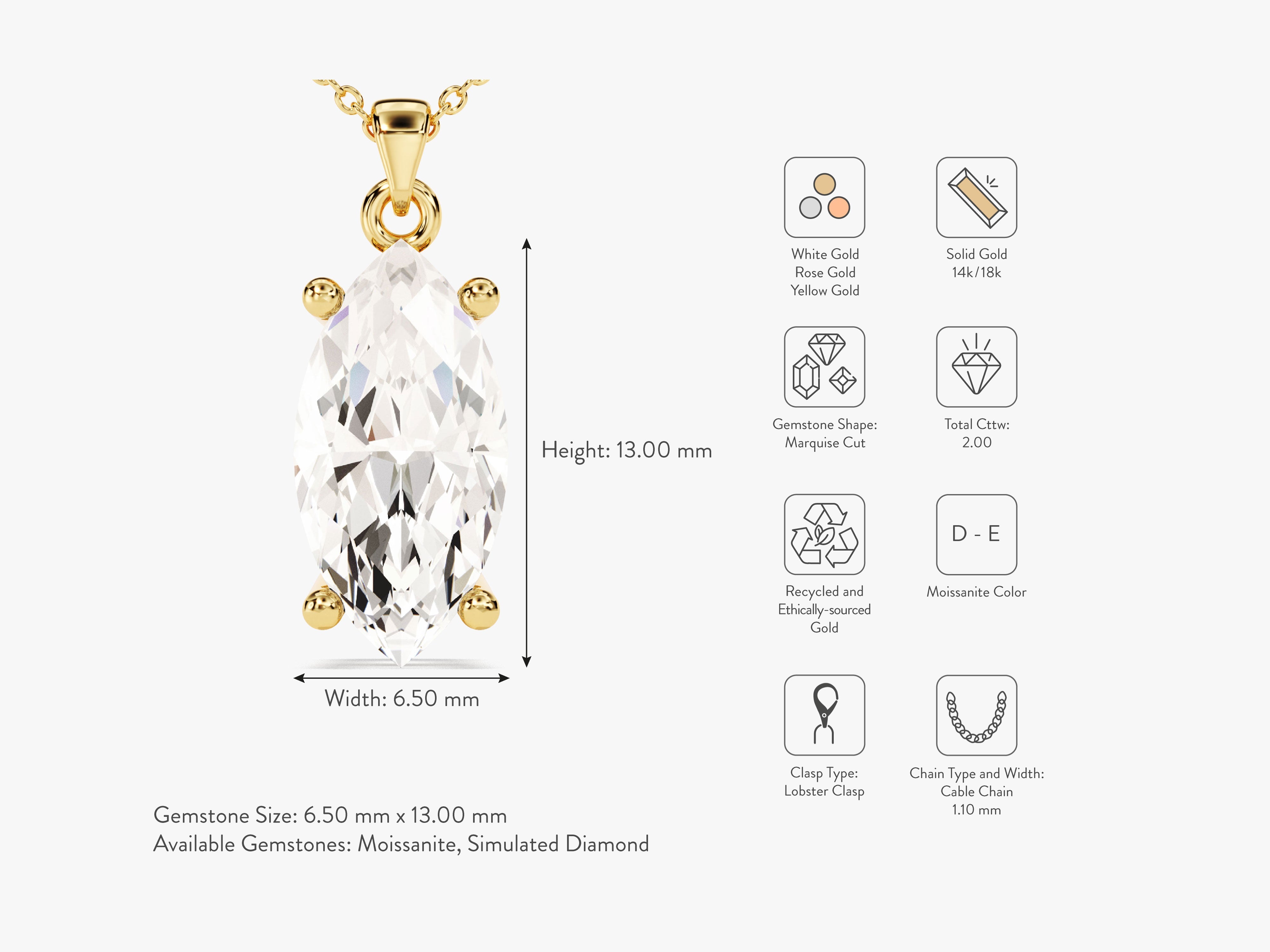 Marquise cut moissanite pendant necklace in solid gold