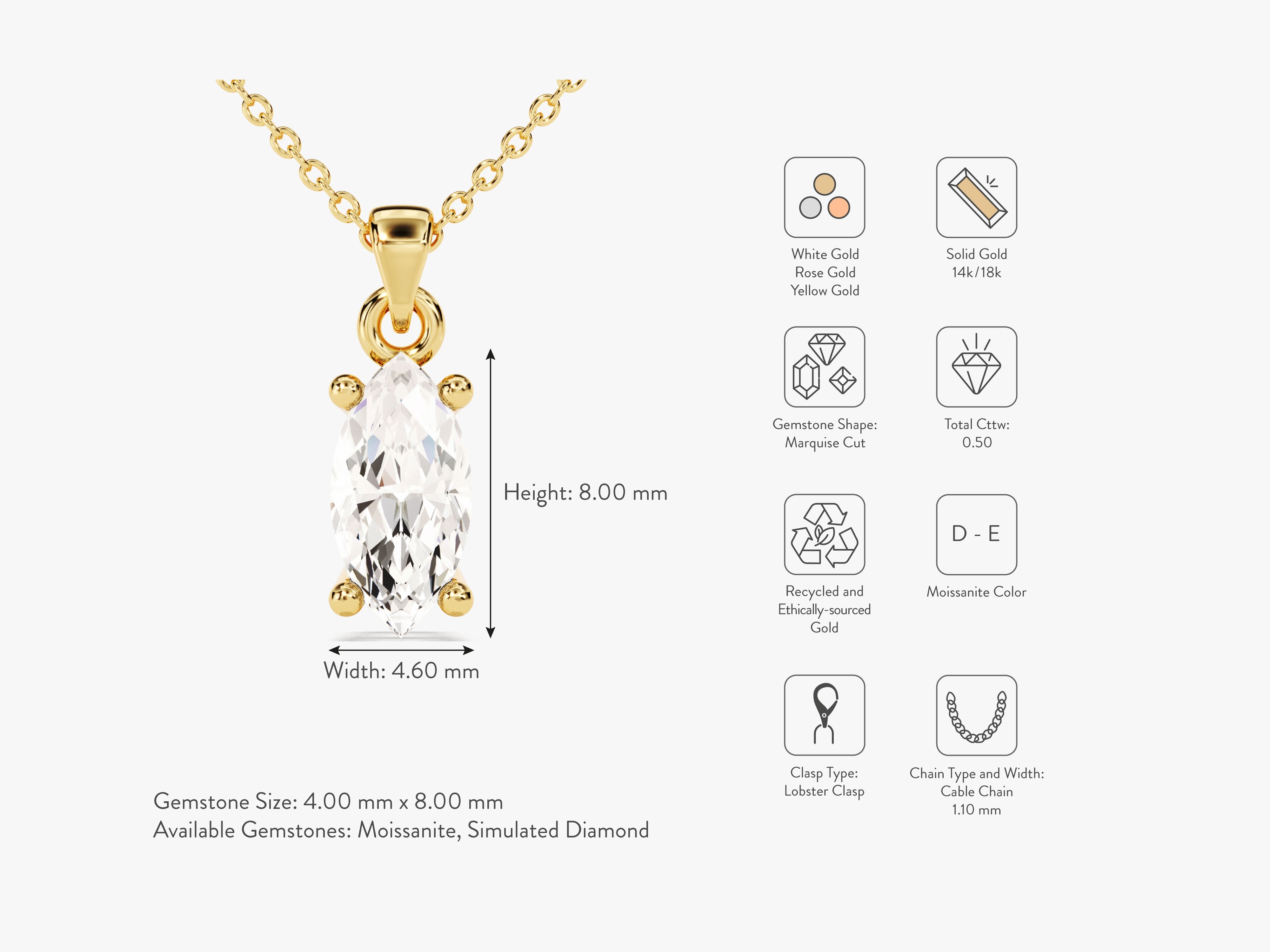 Marquise cut moissanite pendant necklace in solid gold