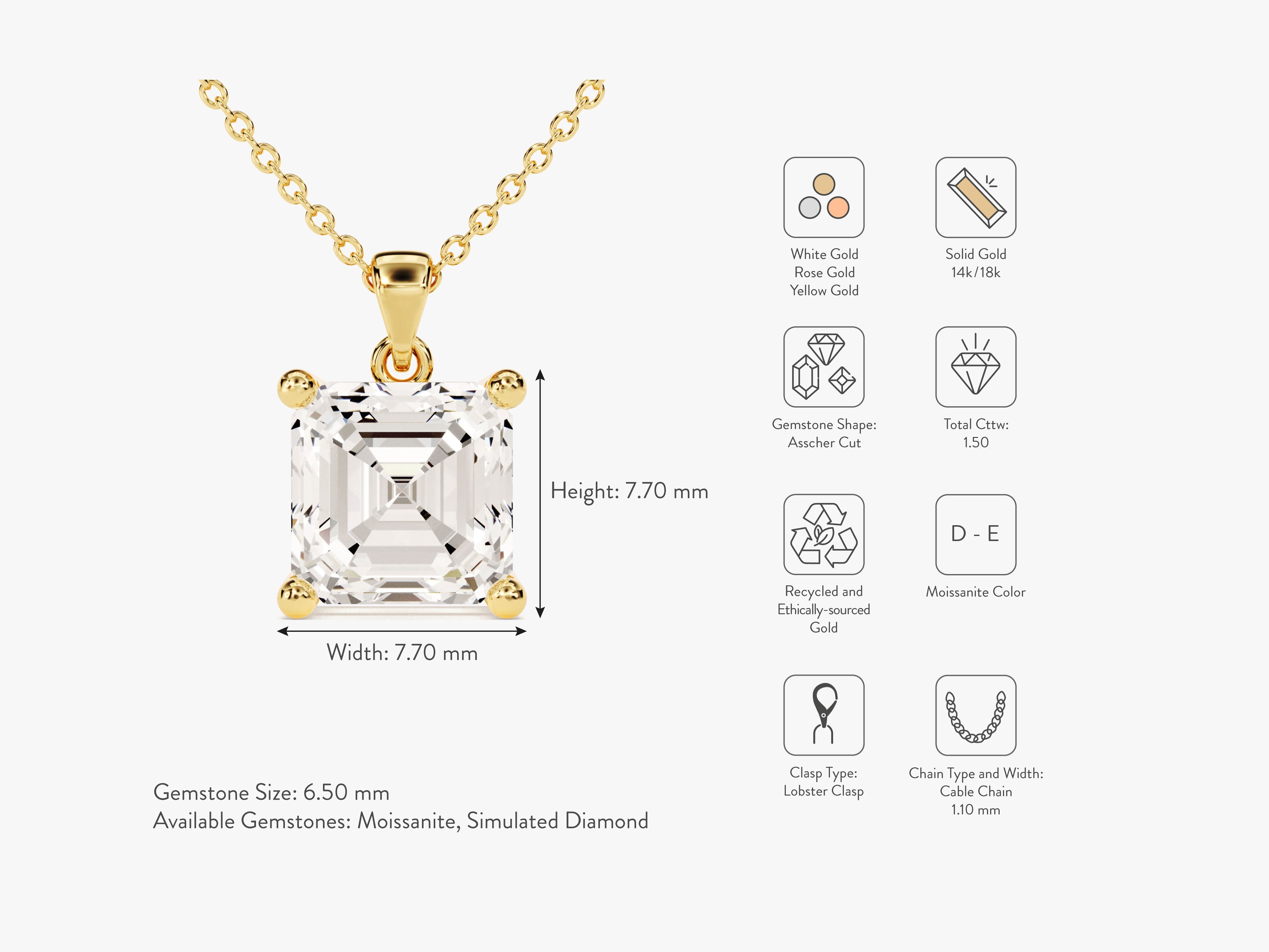 Gold necklace with Asscher cut moissanite gemstone