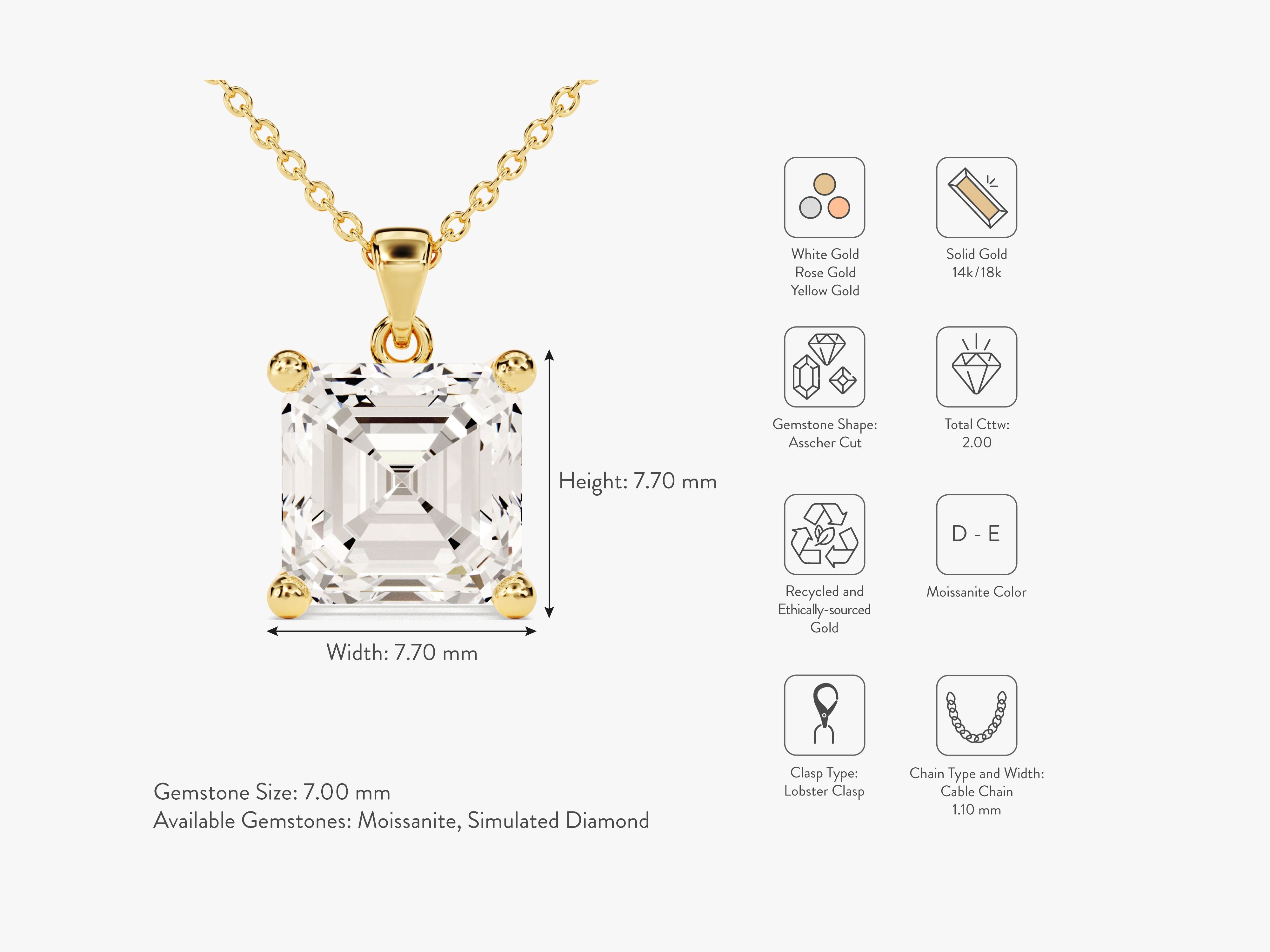 Gold necklace with asscher cut moissanite gemstone