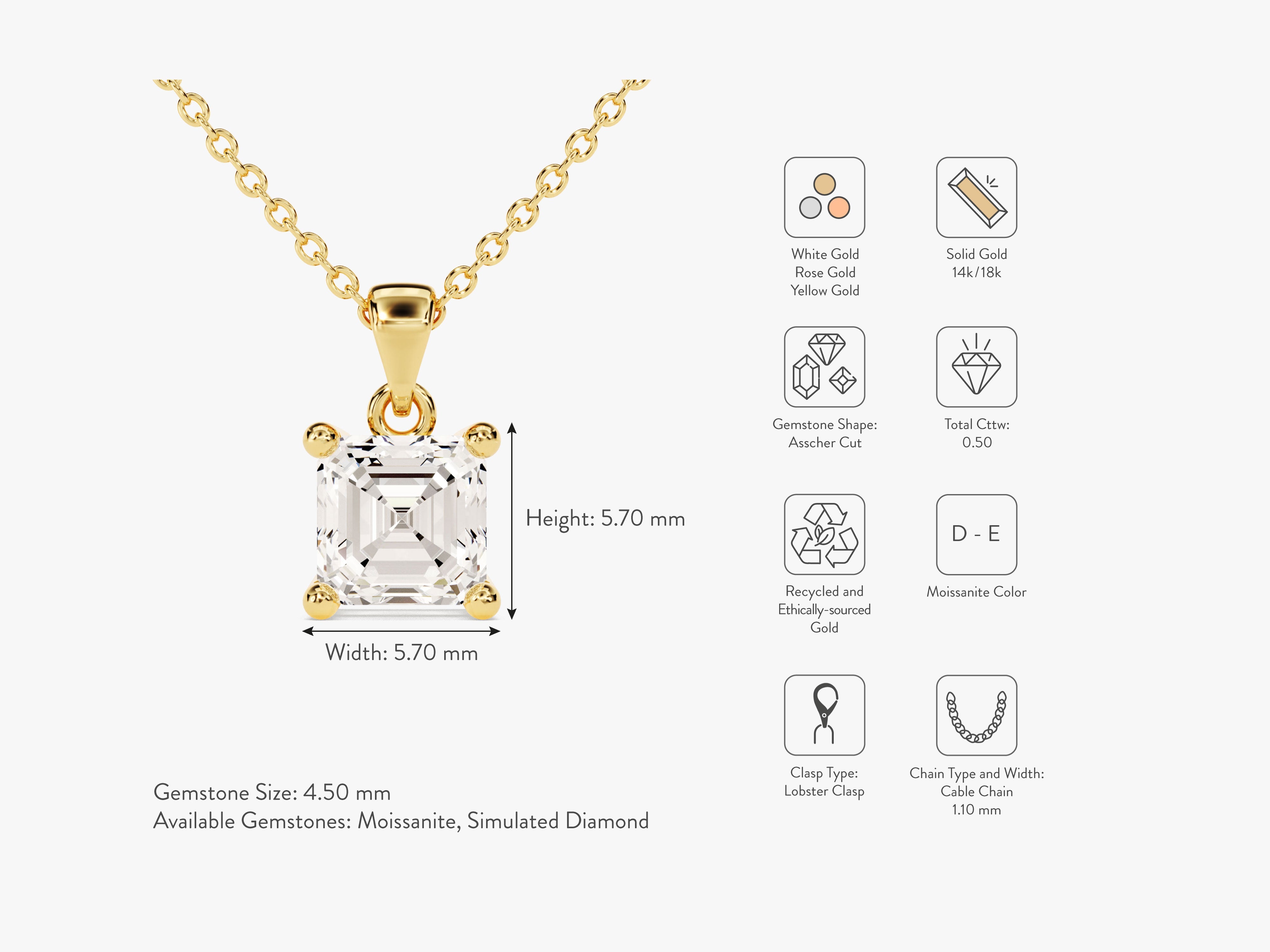Gold necklace with asscher cut moissanite gemstone pendant
