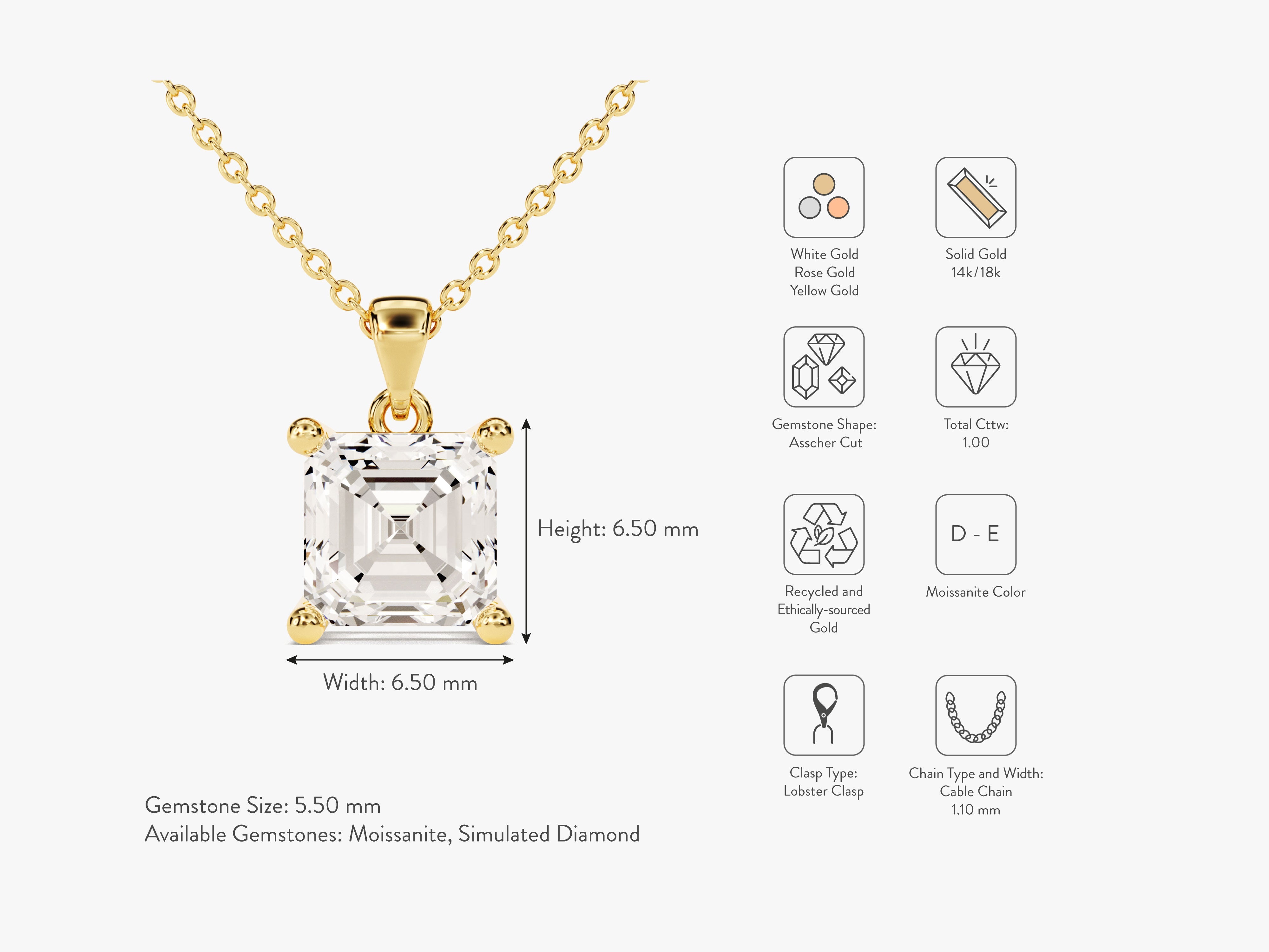 Gold necklace with asscher cut moissanite gemstone jewelry