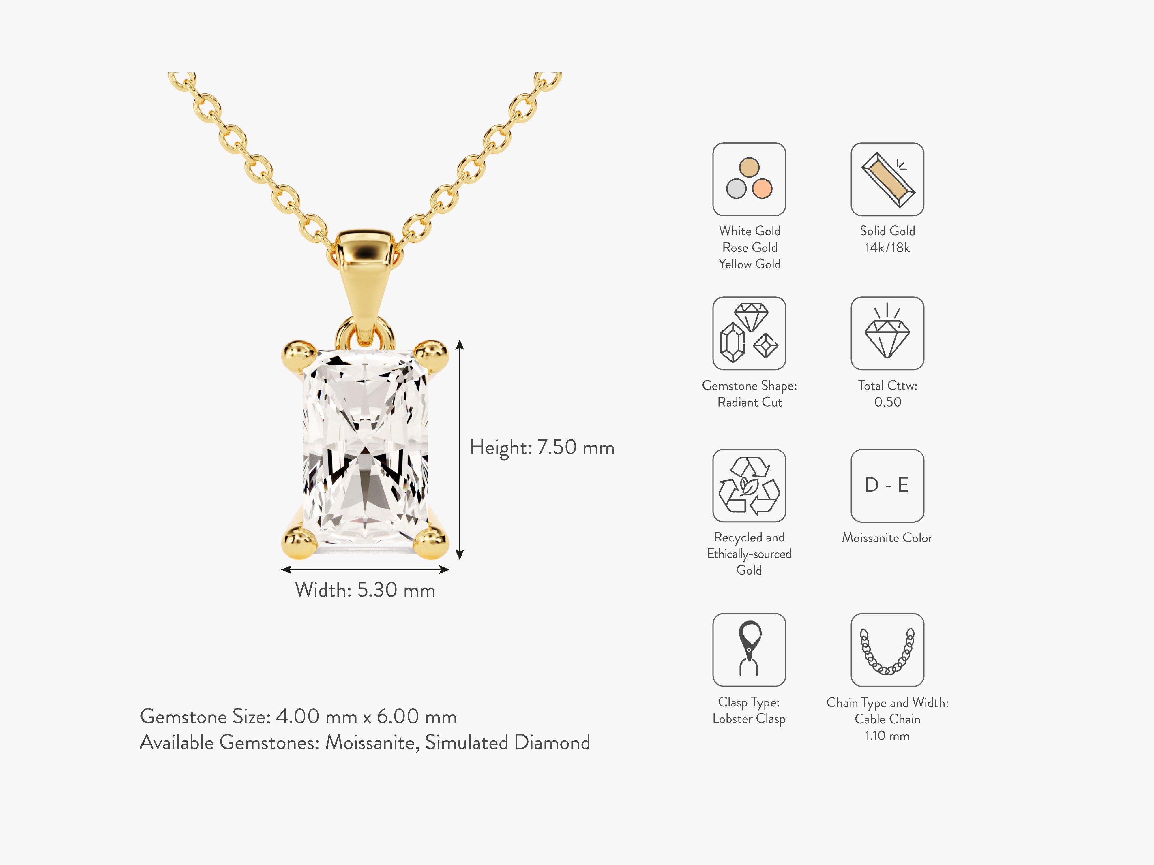 Gold necklace with radiant cut moissanite gemstone