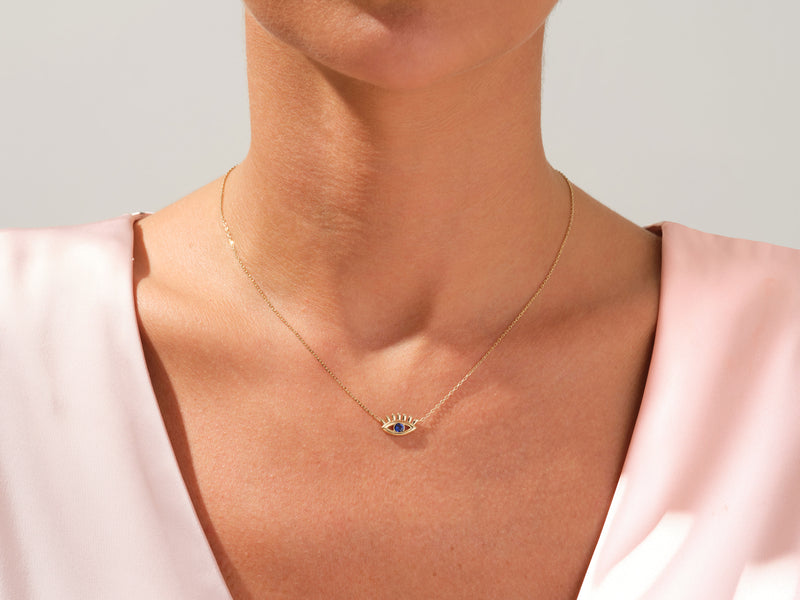 Evil Eye Diamond Birthstone Necklace in 14k Solid Gold