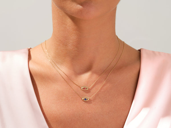 Evil Eye Diamond Birthstone Necklace in 14k Solid Gold