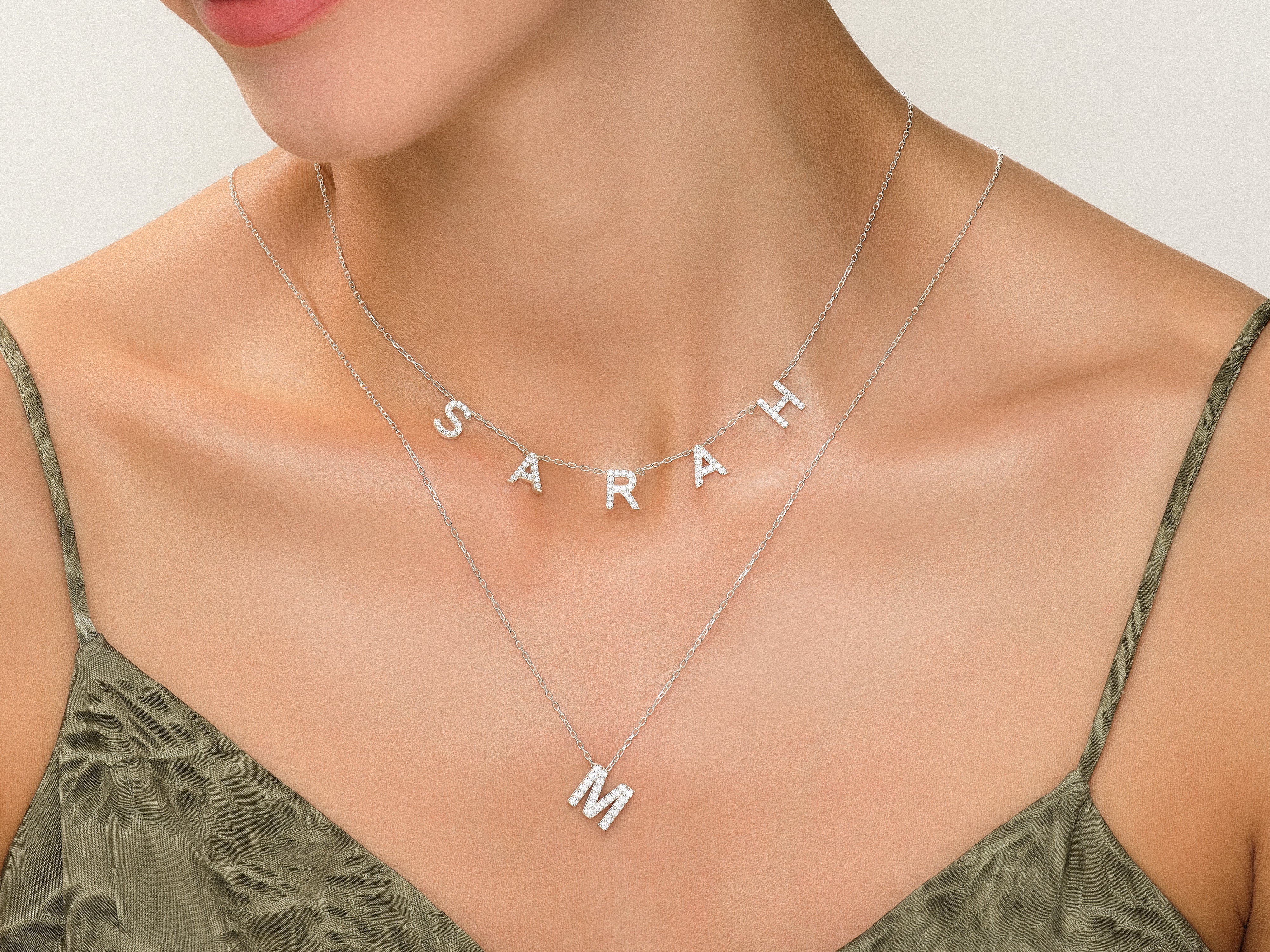 Diamond initial necklaces SARAH and M jewelry