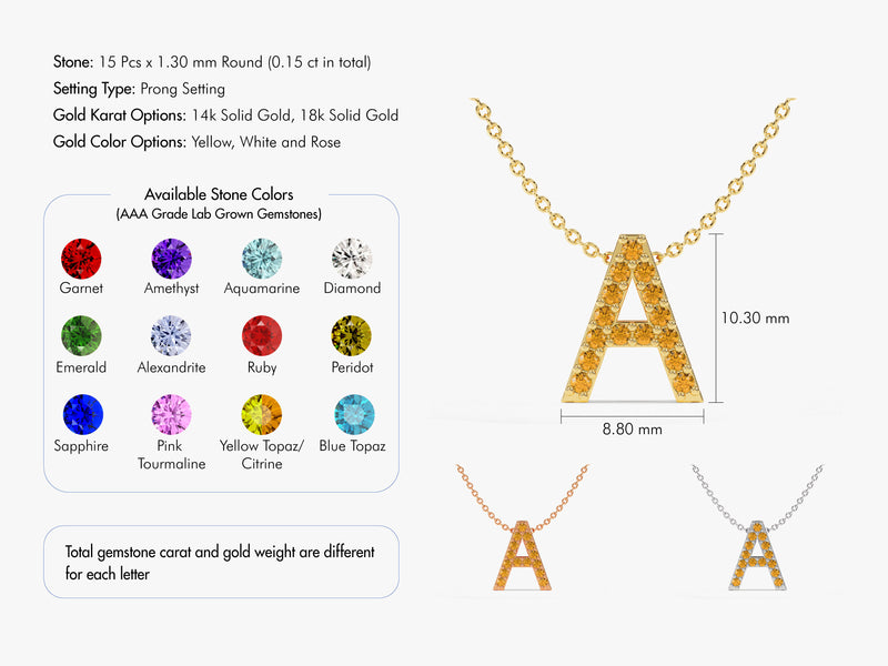 Citrine Letter Necklace in 14k Solid Gold