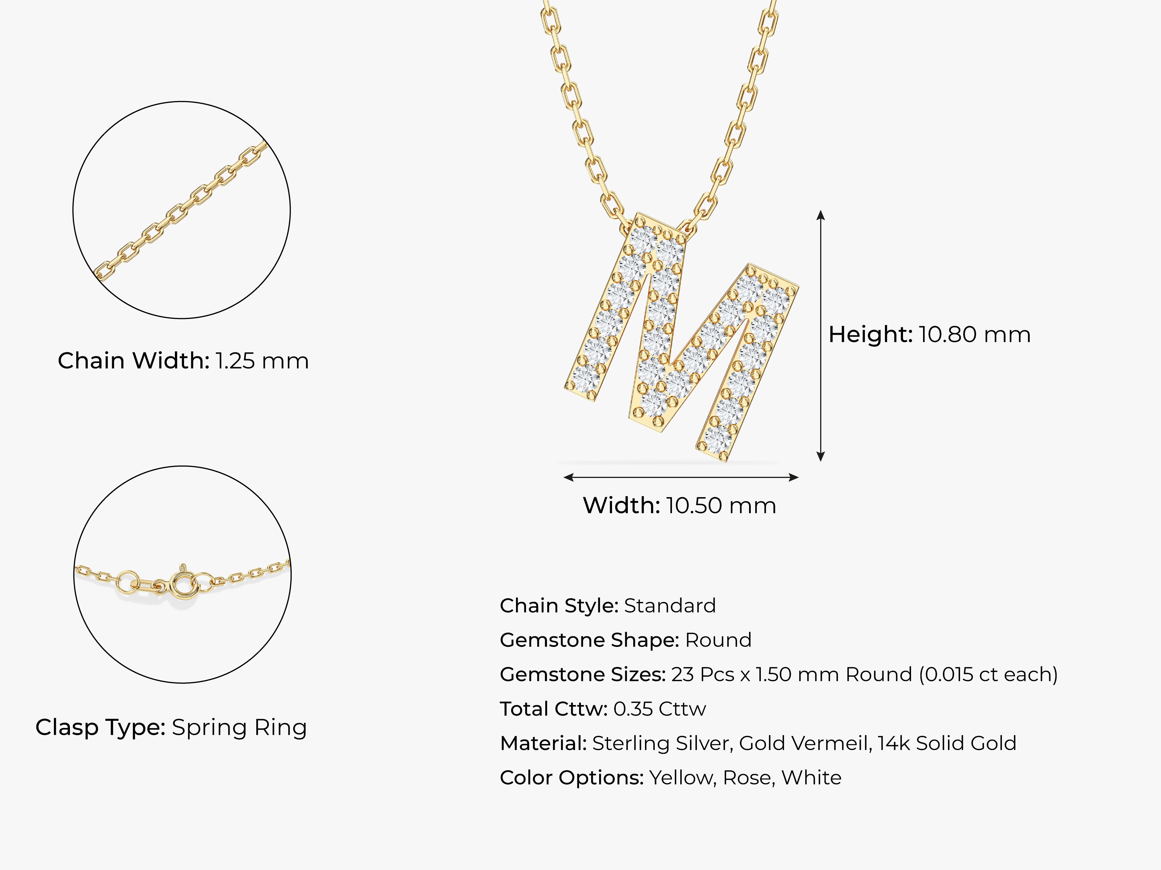 Diamond initial 'M' necklace, sterling silver, gold vermeil, 14k solid gold