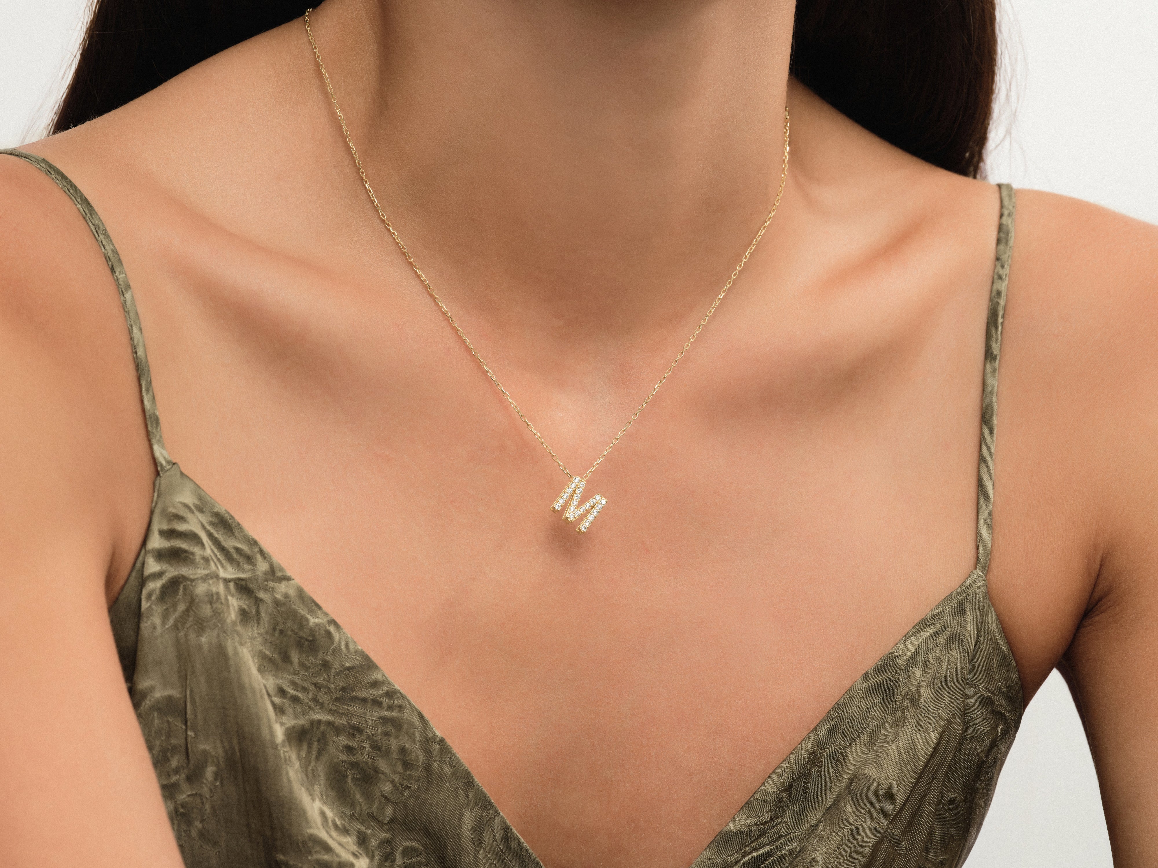 Gold letter M necklace with diamonds, fine jewelry