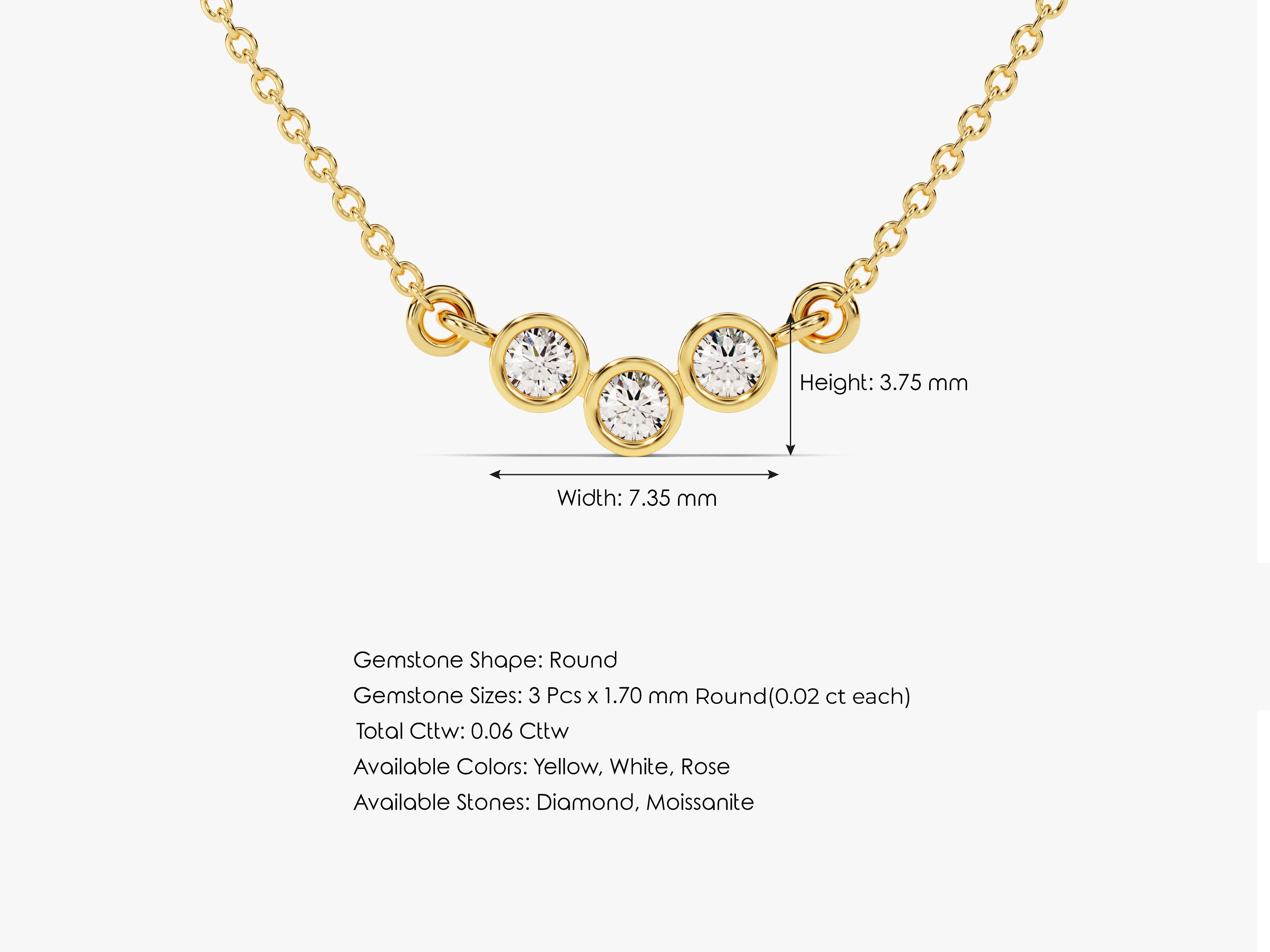 Gold necklace with three round diamonds, jewelry product