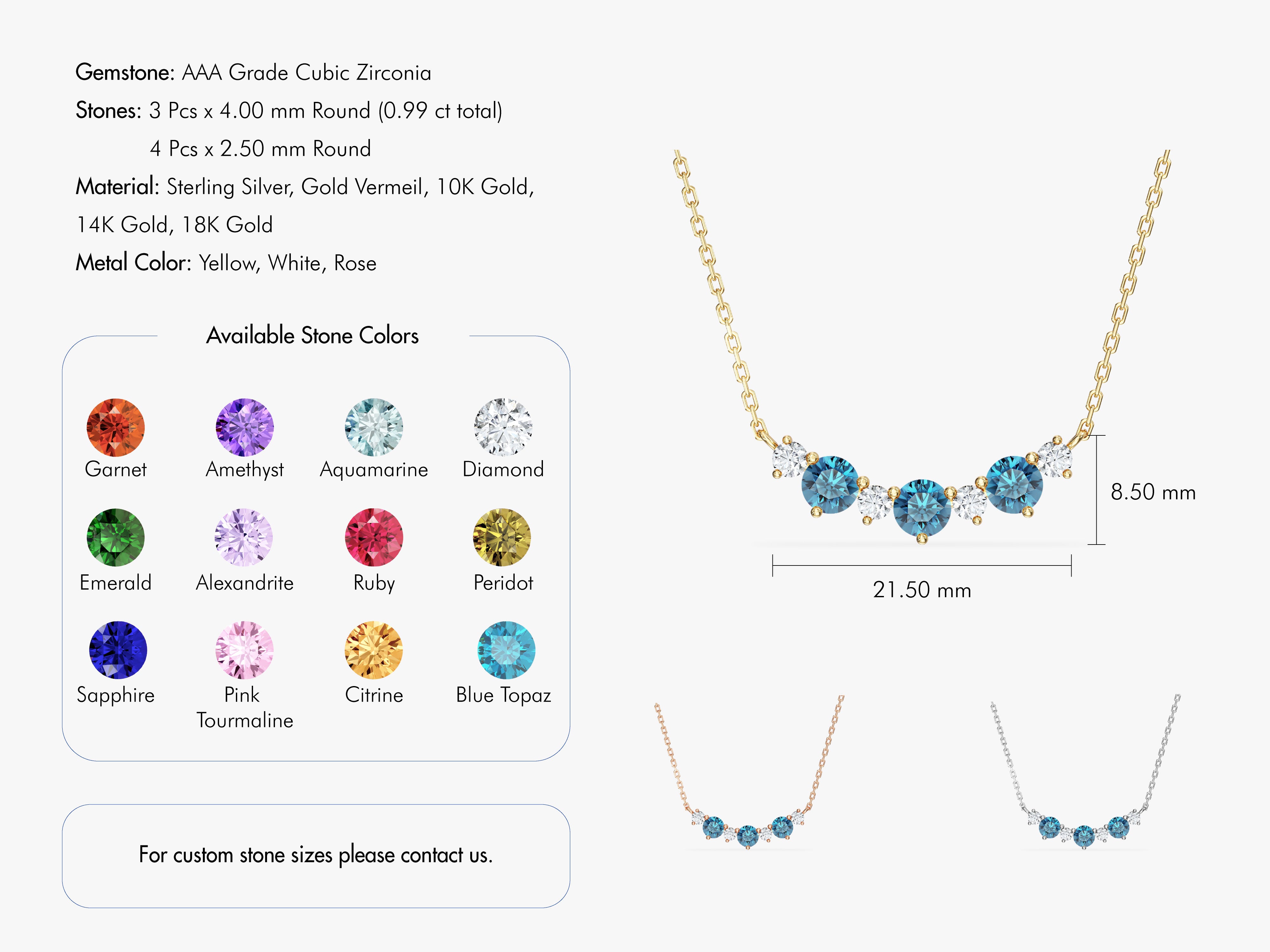Cubic zirconia necklace with customizable gemstone colors and metal options