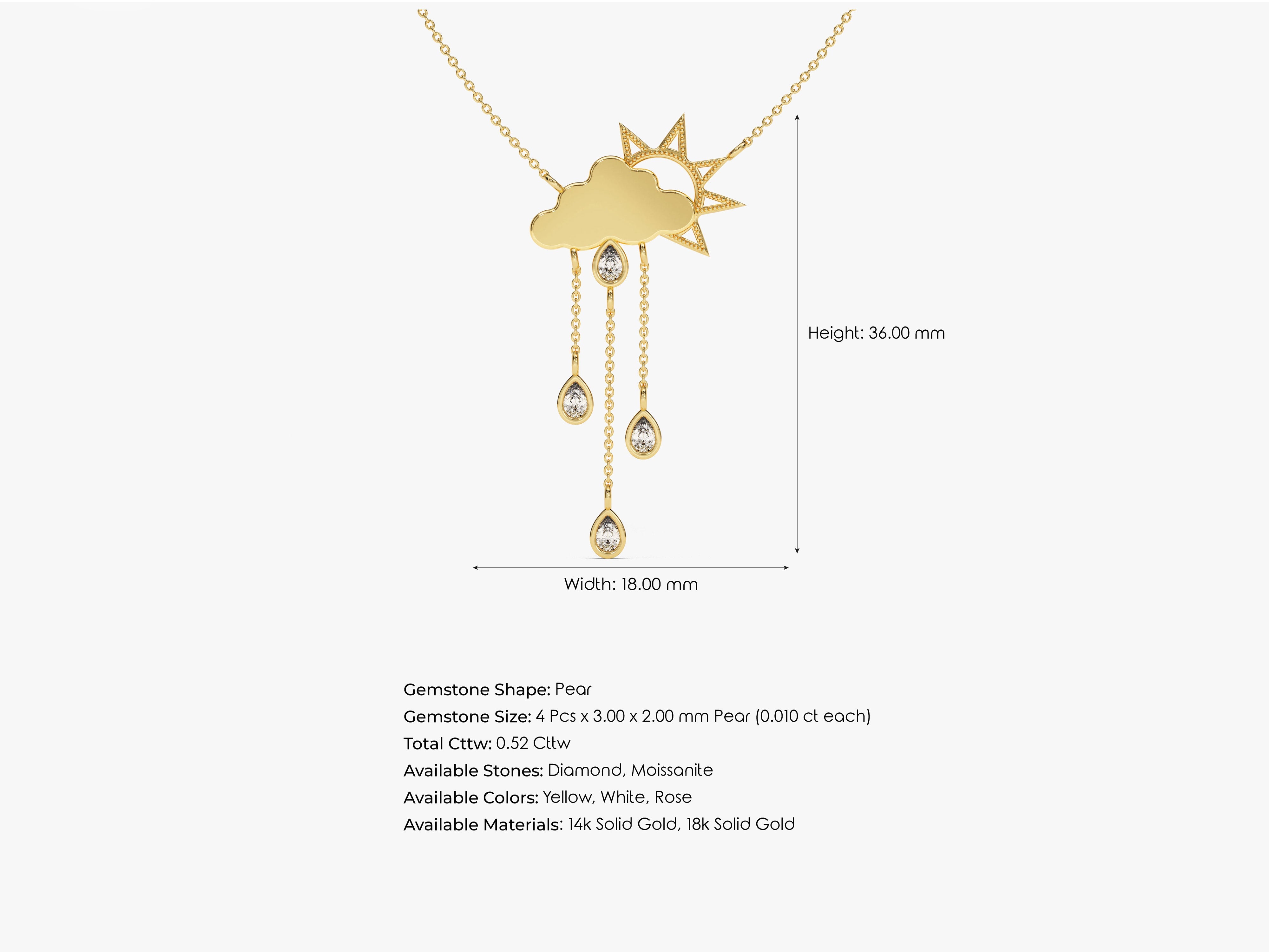 Gold cloud and sun necklace with pear-shaped diamond drops