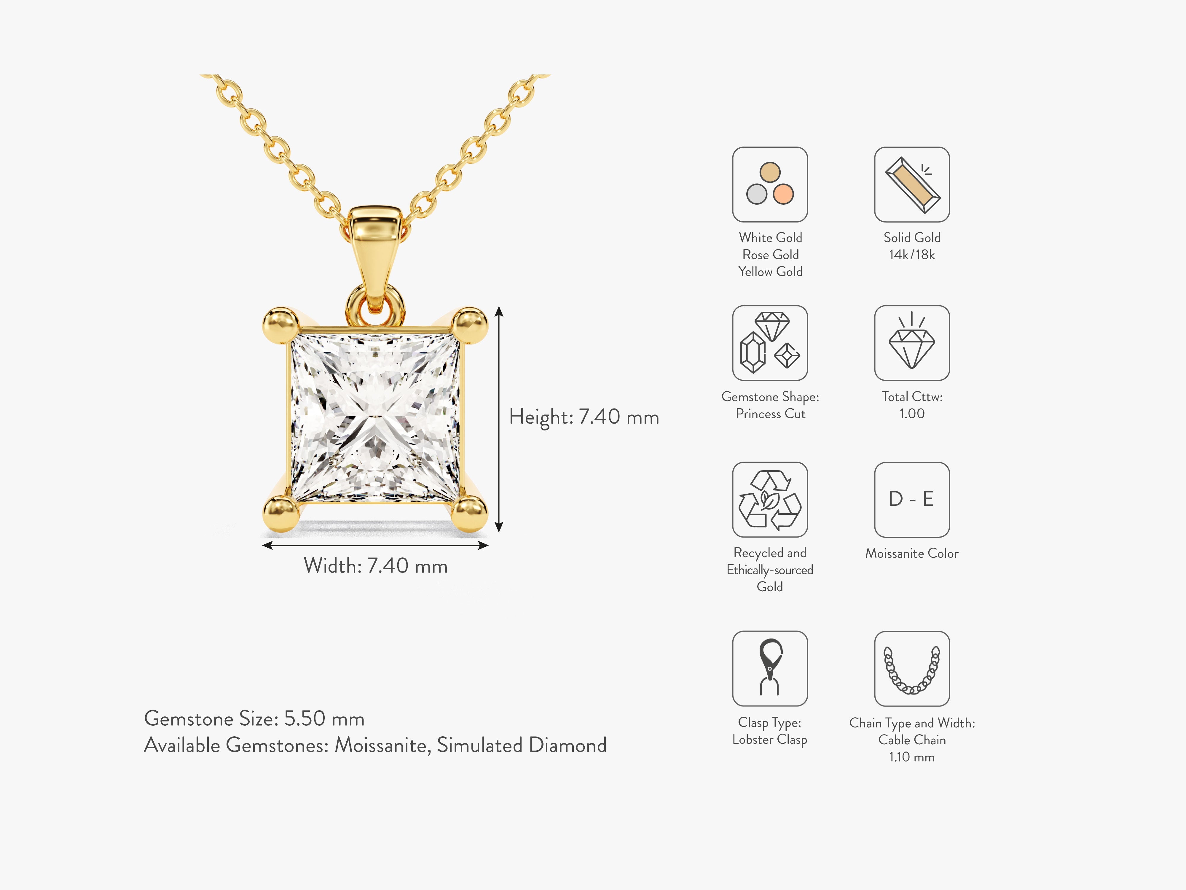 Gold necklace with princess cut moissanite gemstone