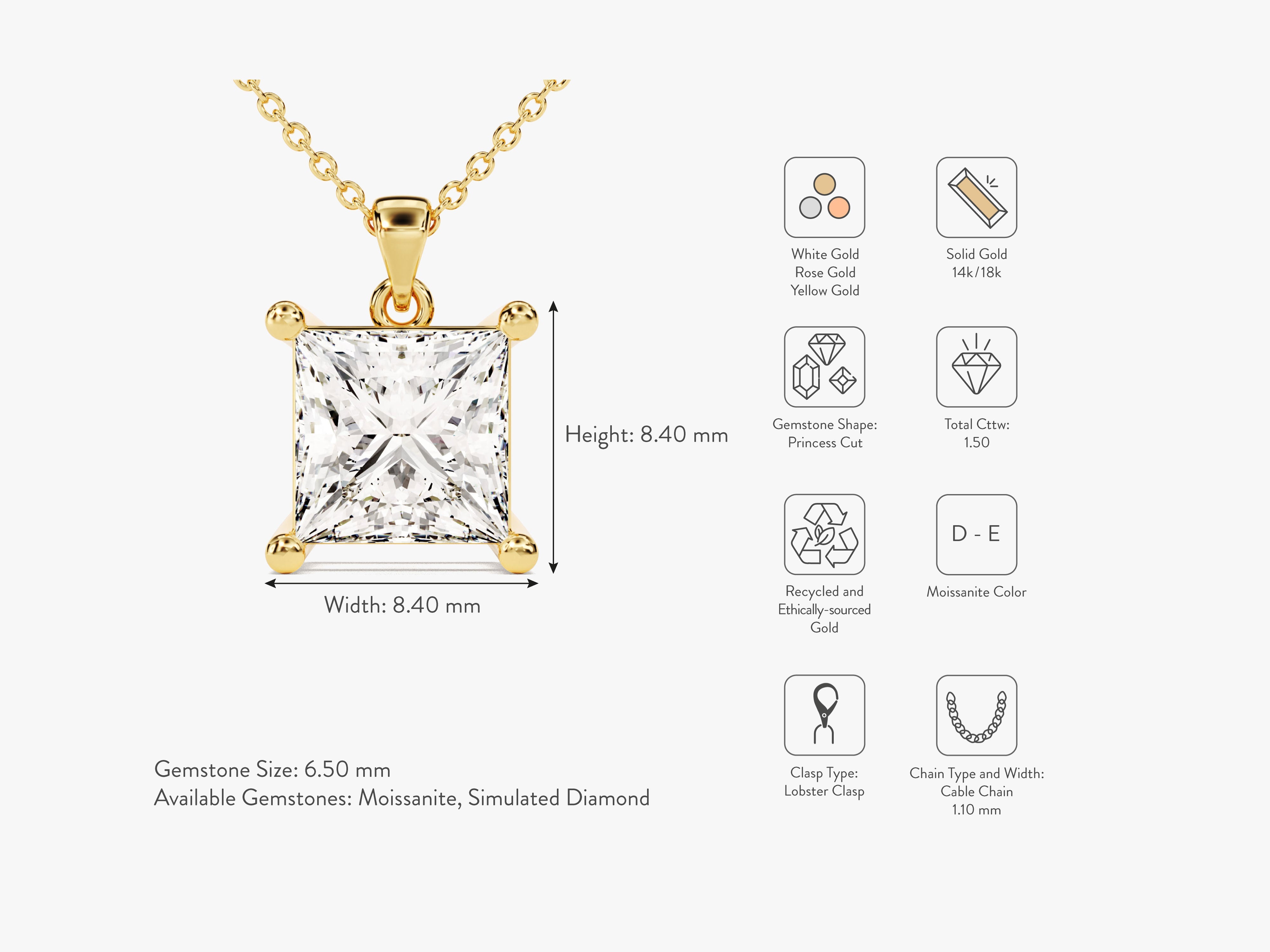 Gold necklace with princess cut moissanite diamond pendant