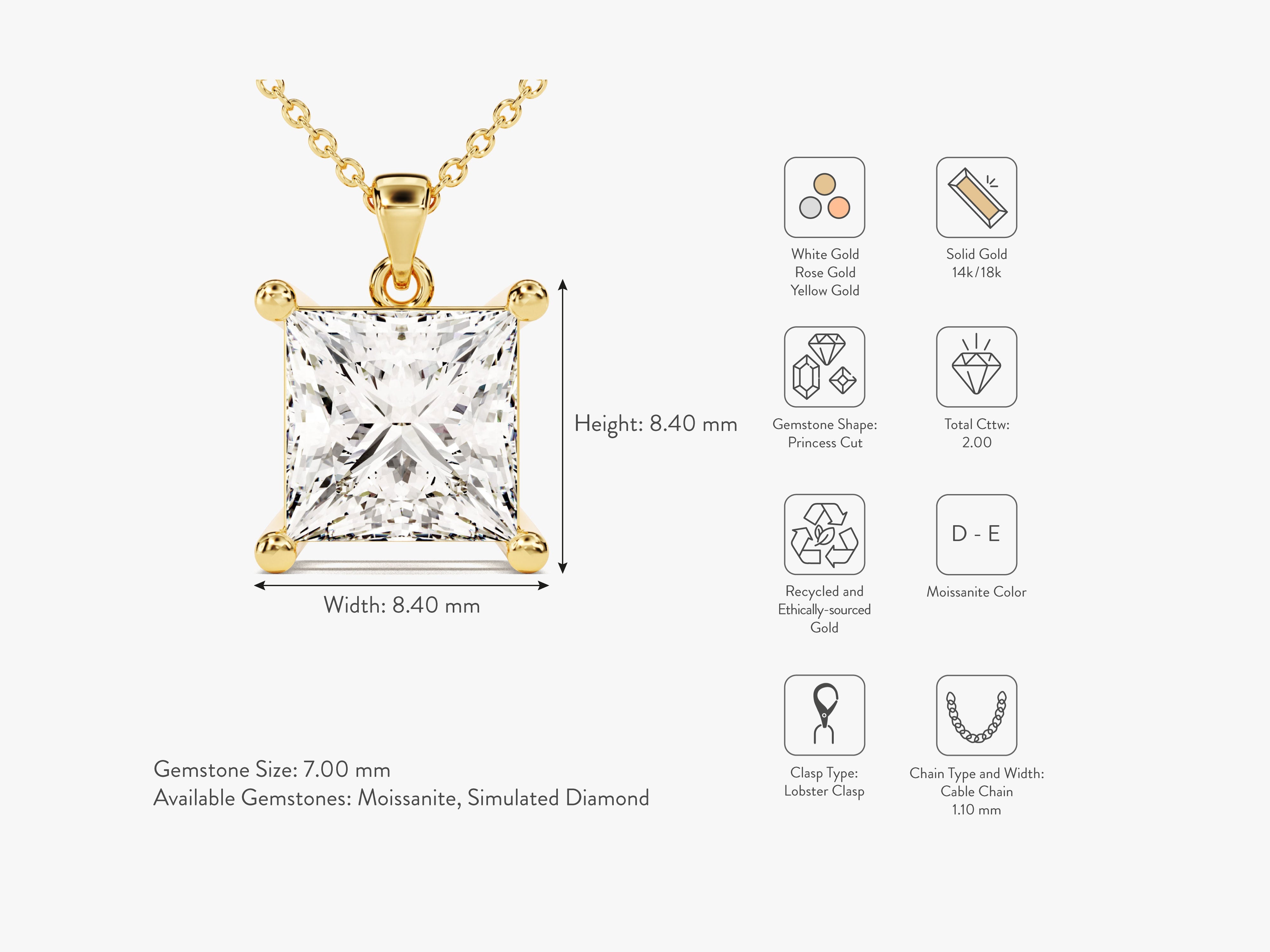 Gold princess cut moissanite pendant necklace with 2.00 cttw