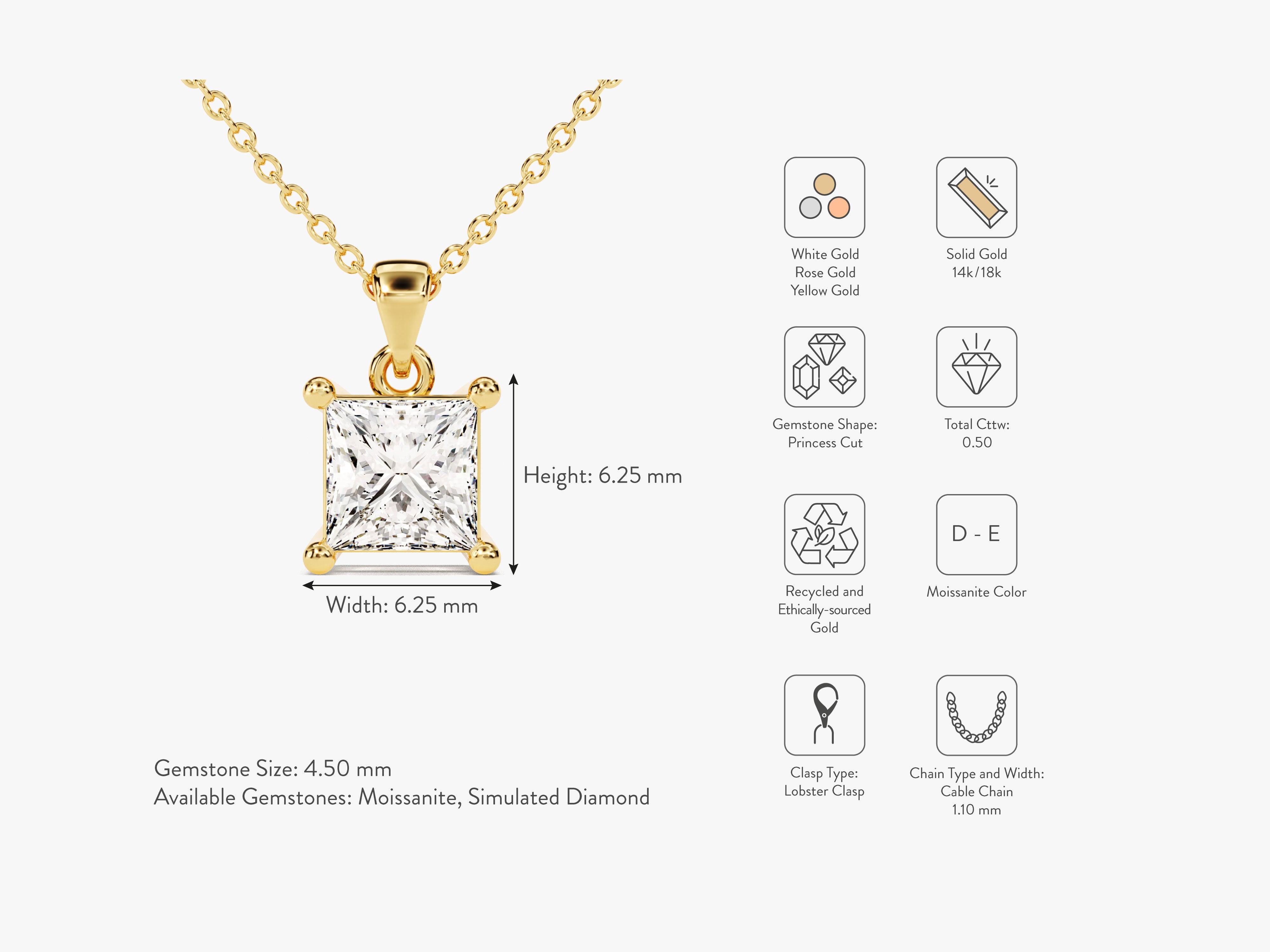 Princess cut moissanite pendant necklace in solid gold