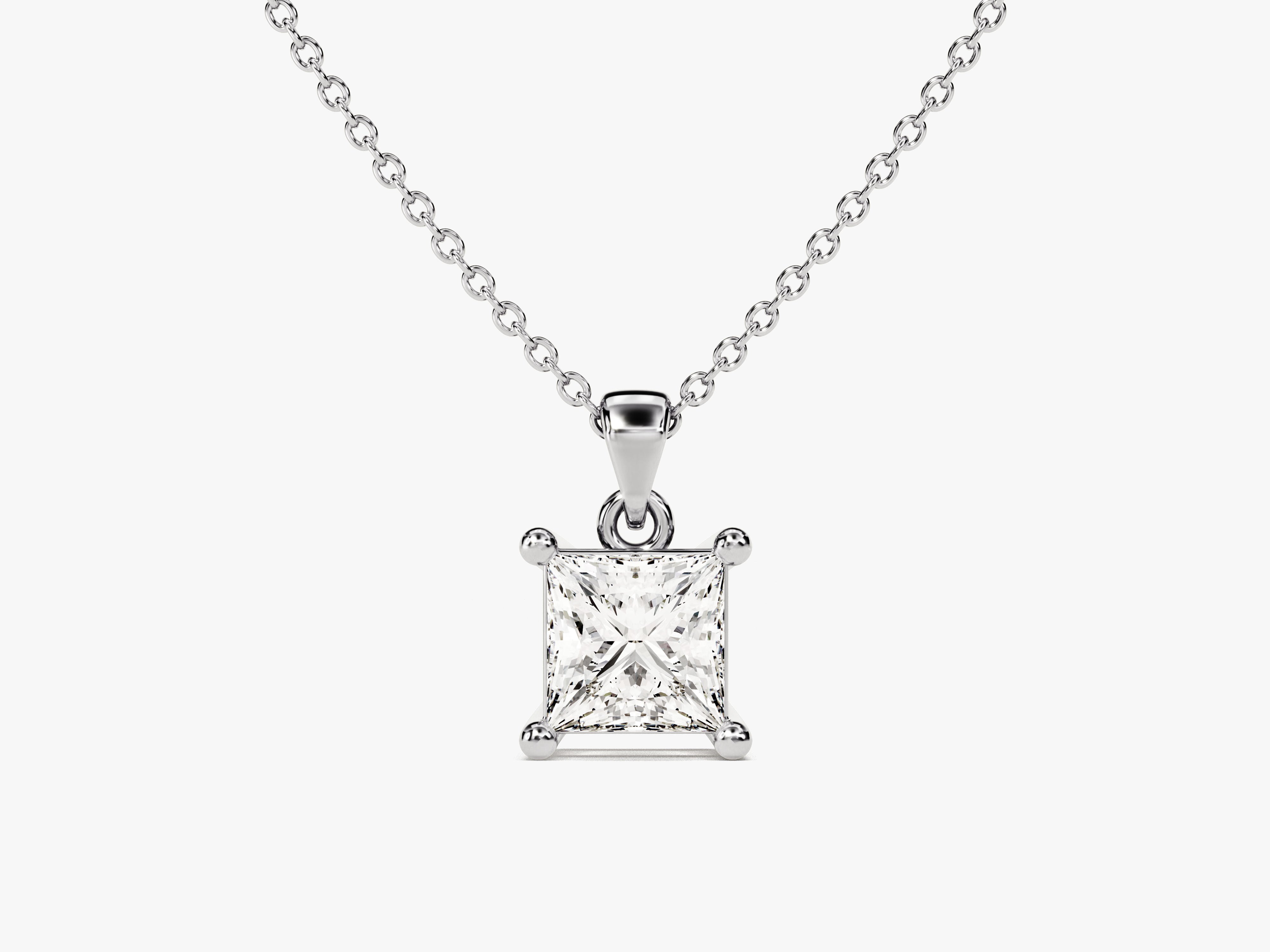 Princess cut diamond pendant necklace on a silver chain