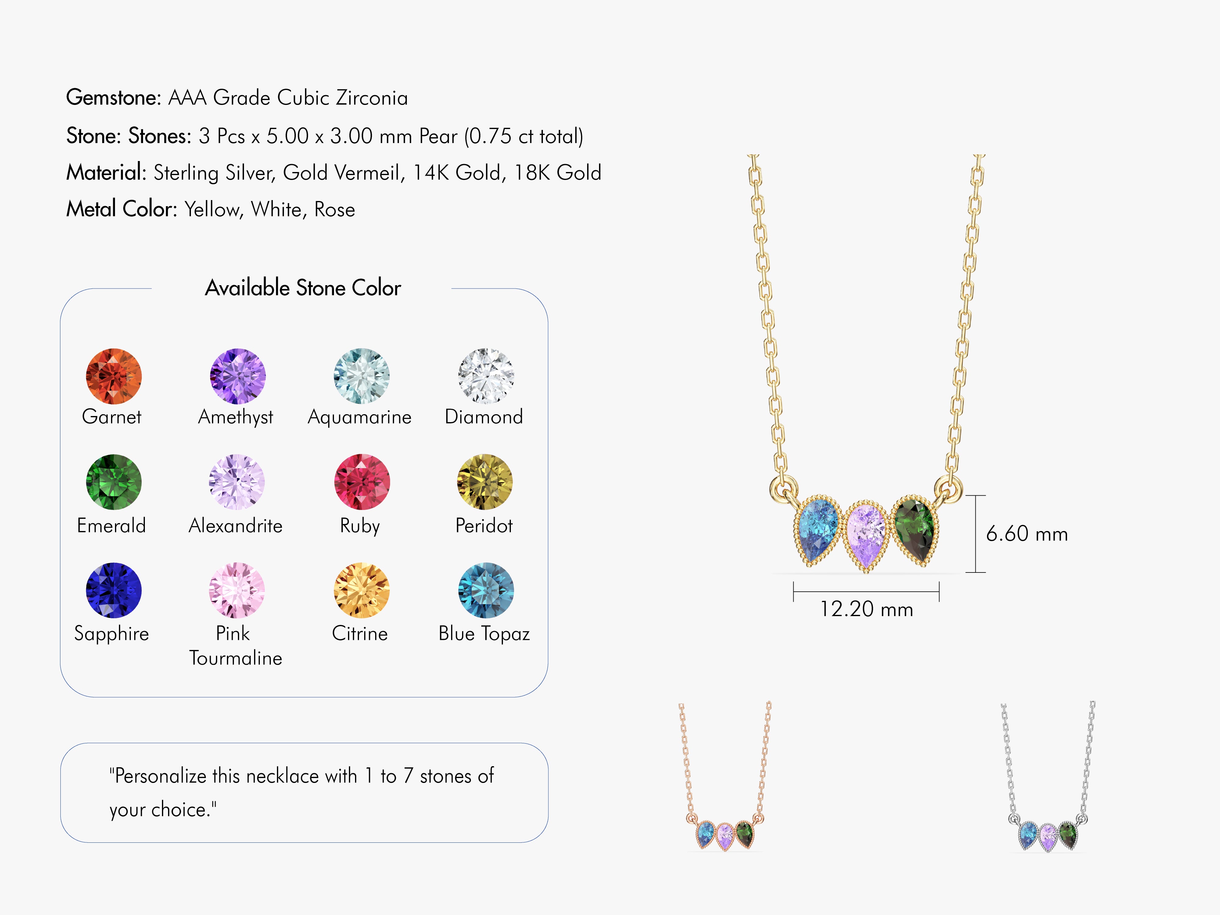 Personalized pear-cut gemstone necklace in sterling silver or gold
