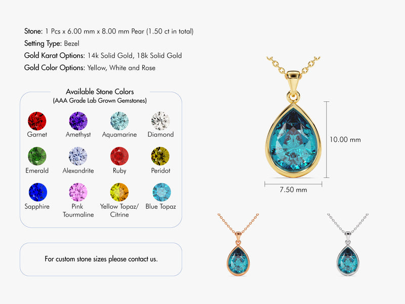 Blue Topaz Bezel Set Pear Pendant Necklace in 14k Solid Gold