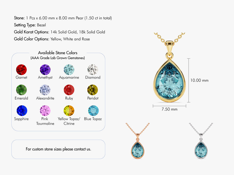 Aquamarine Bezel Set Pear Pendant Necklace in 14k Solid Gold