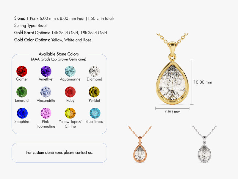 Diamond Birthstone Bezel Set Pear Pendant Necklace in 14k Solid Gold