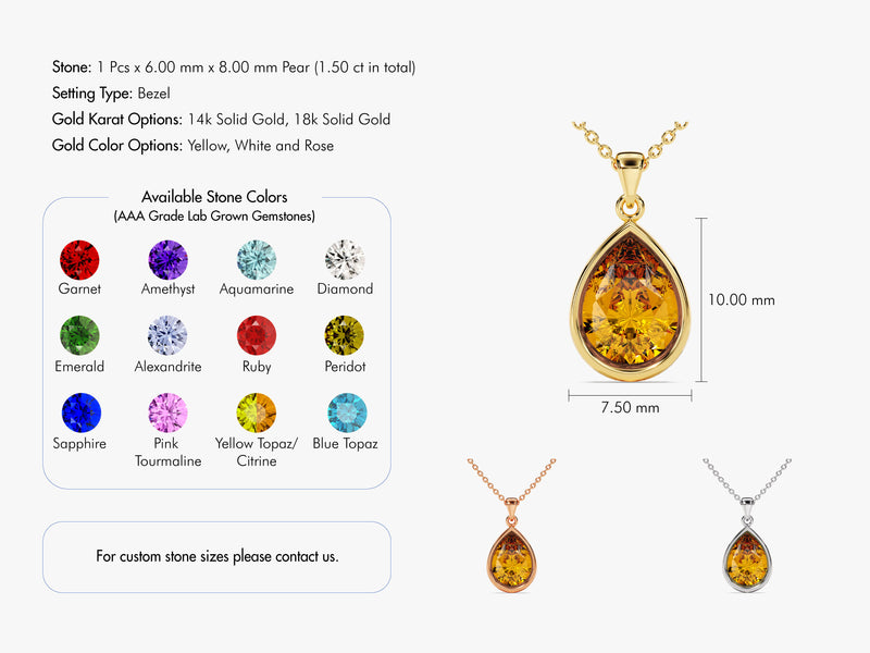 Citrine Bezel Set Pear Pendant Necklace in 14k Solid Gold