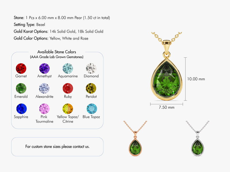 Emerald Bezel Set Pear Pendant Necklace in 14k Solid Gold