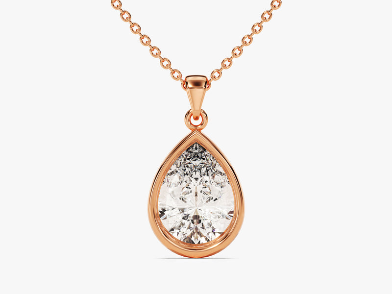 Diamond Birthstone Bezel Set Pear Pendant Necklace in 14k Solid Gold