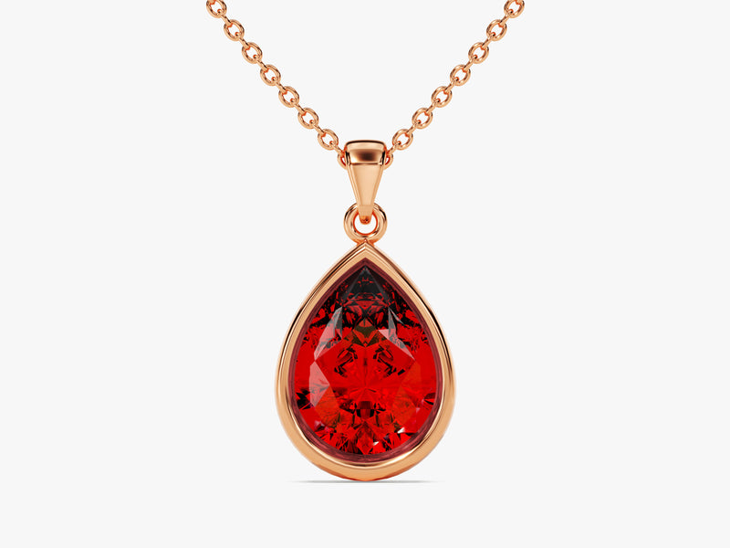 Garnet Bezel Set Pear Pendant Necklace in 14k Solid Gold