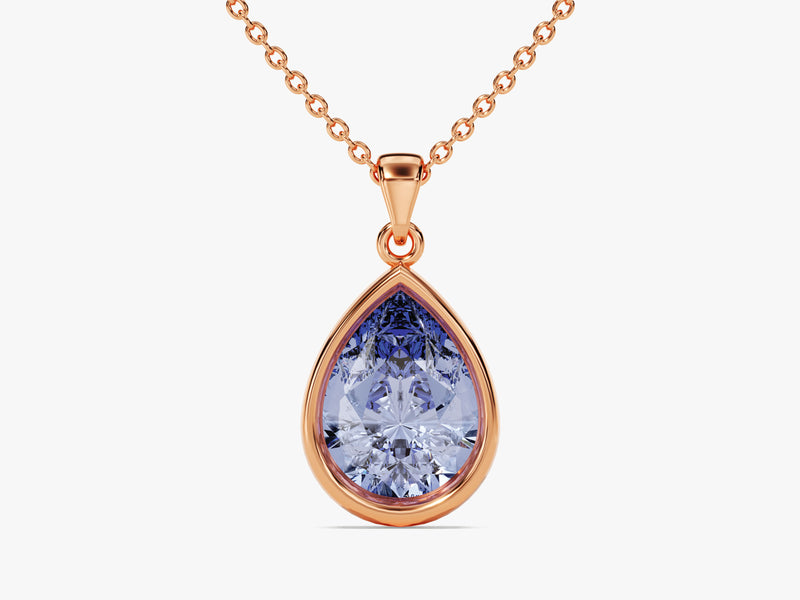 Alexandrite Bezel Set Pear Pendant Necklace in 14k Solid Gold