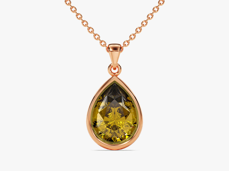 Peridot Bezel Set Pear Pendant Necklace in 14k Solid Gold