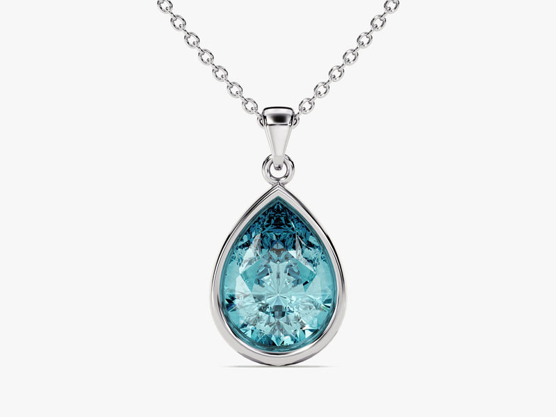 Aquamarine Bezel Set Pear Pendant Necklace in 14k Solid Gold