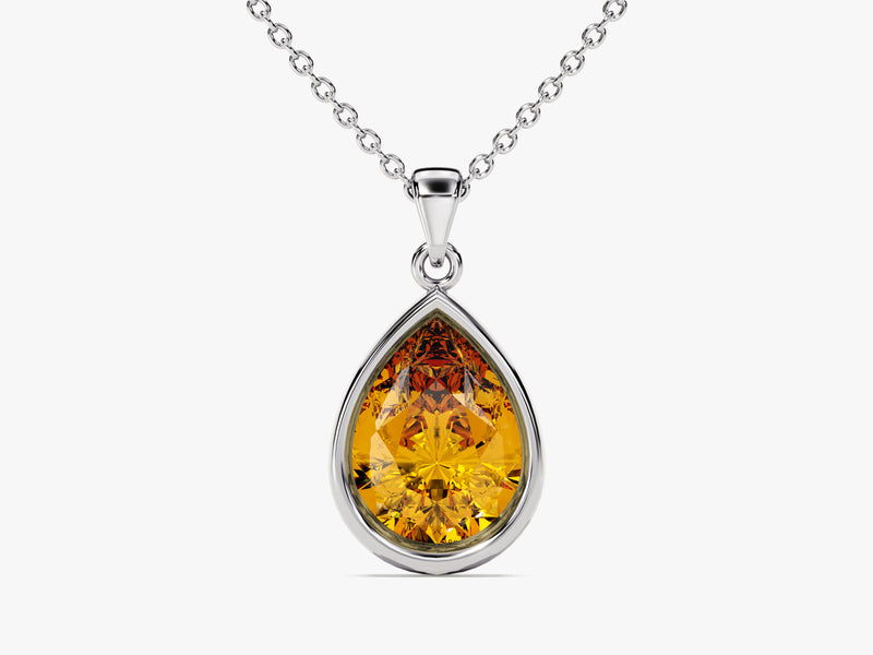 Citrine Bezel Set Pear Pendant Necklace in 14k Solid Gold